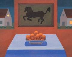 Black Horse - Surreal Interior Scene w/ Horse Painting and Oranges, Oil on Panel
