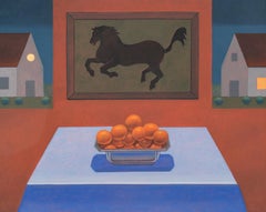 Peinture à l'huile sur panneau, cheval noir - Scène d'intérieur surréaliste avec peinture de cheval et oranges