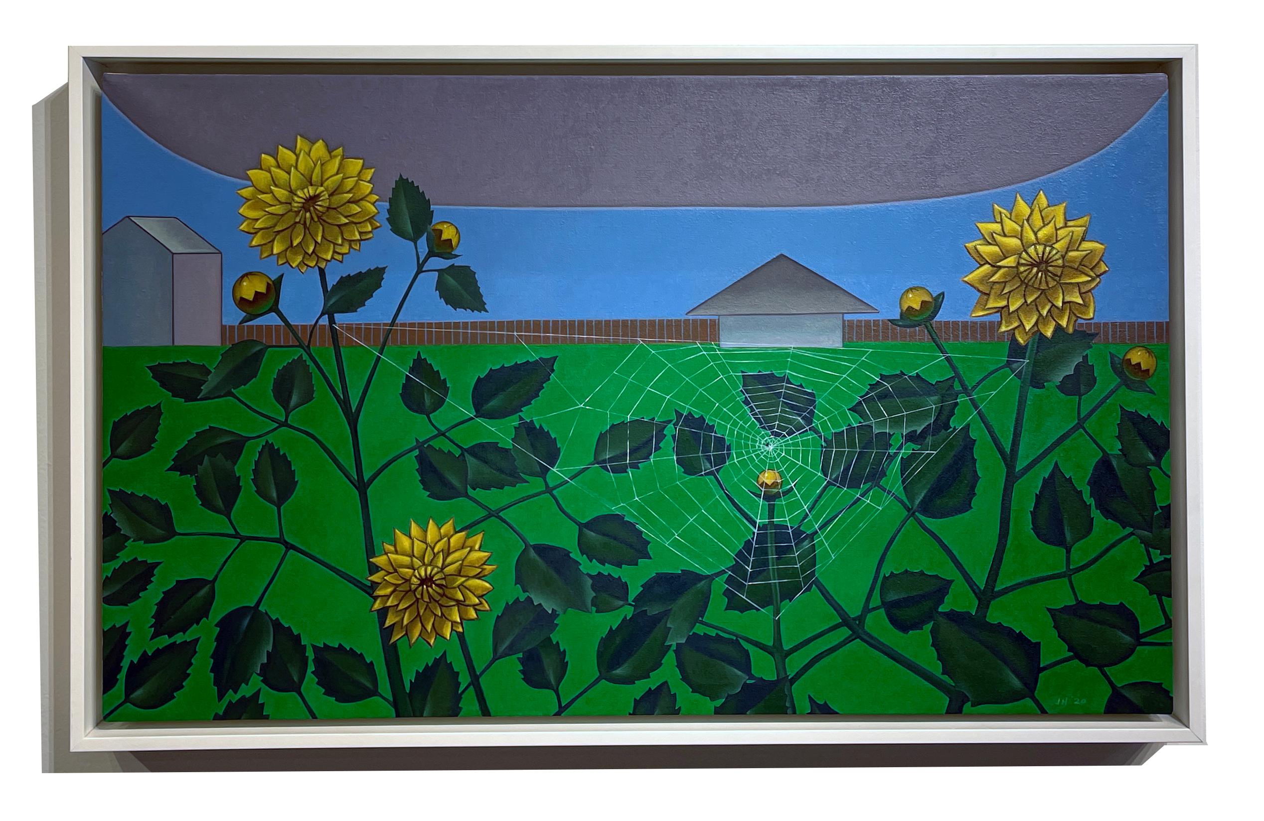 Web Dahlia -  Field surréaliste de Dahlias avec un toile d'araignée, OIl sur panneau - Painting de John Hrehov