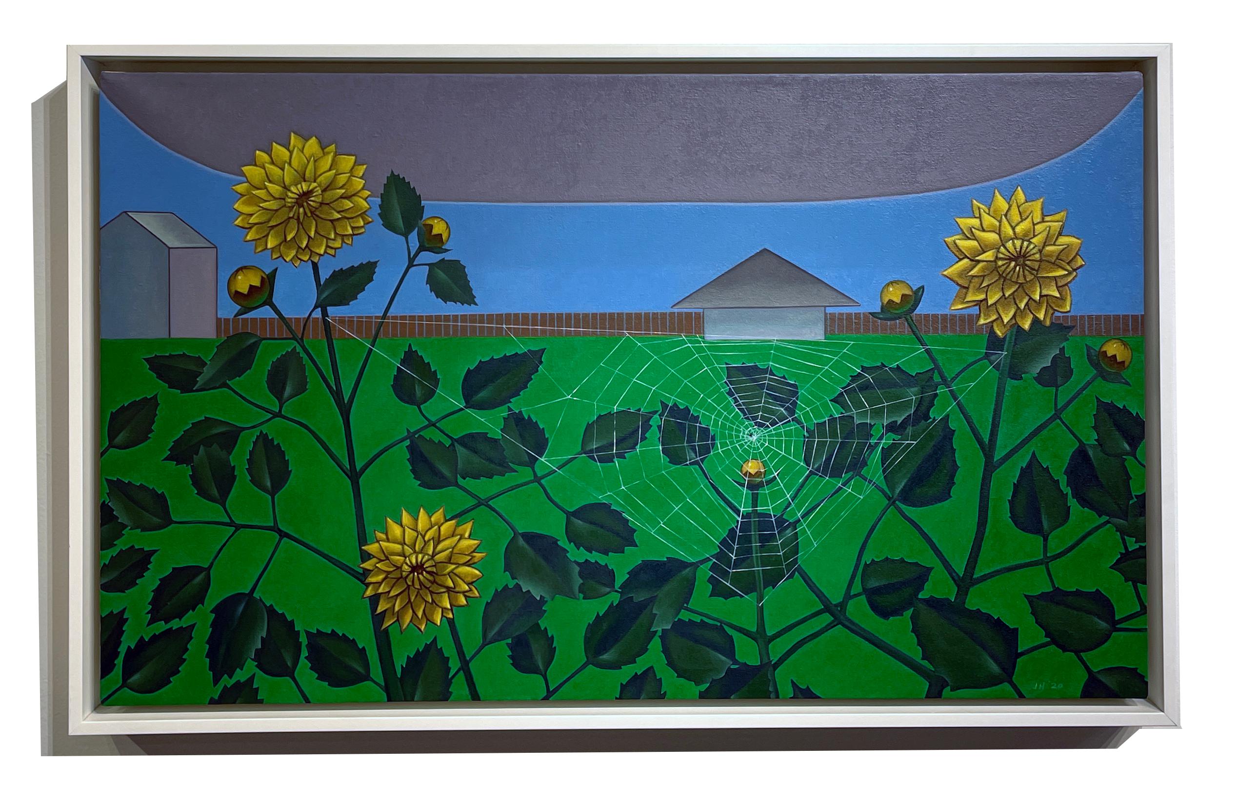 Dahlia Web -  Campo surreale di dalie con ragnatela, OIl su pannello - Painting di John Hrehov