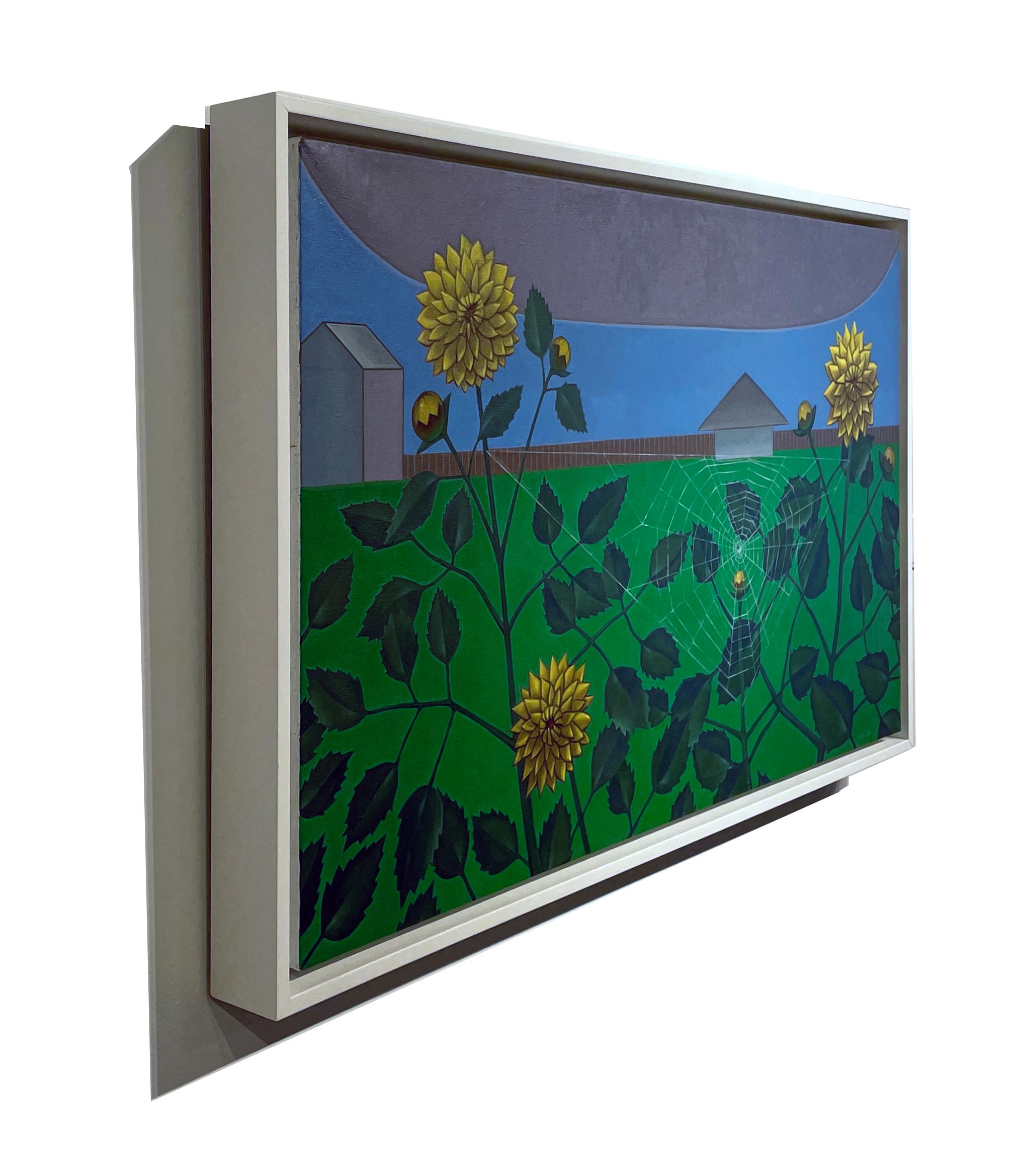 Dahlia Web -  Campo surreale di dalie con ragnatela, OIl su pannello - Painting Surrealismo di John Hrehov