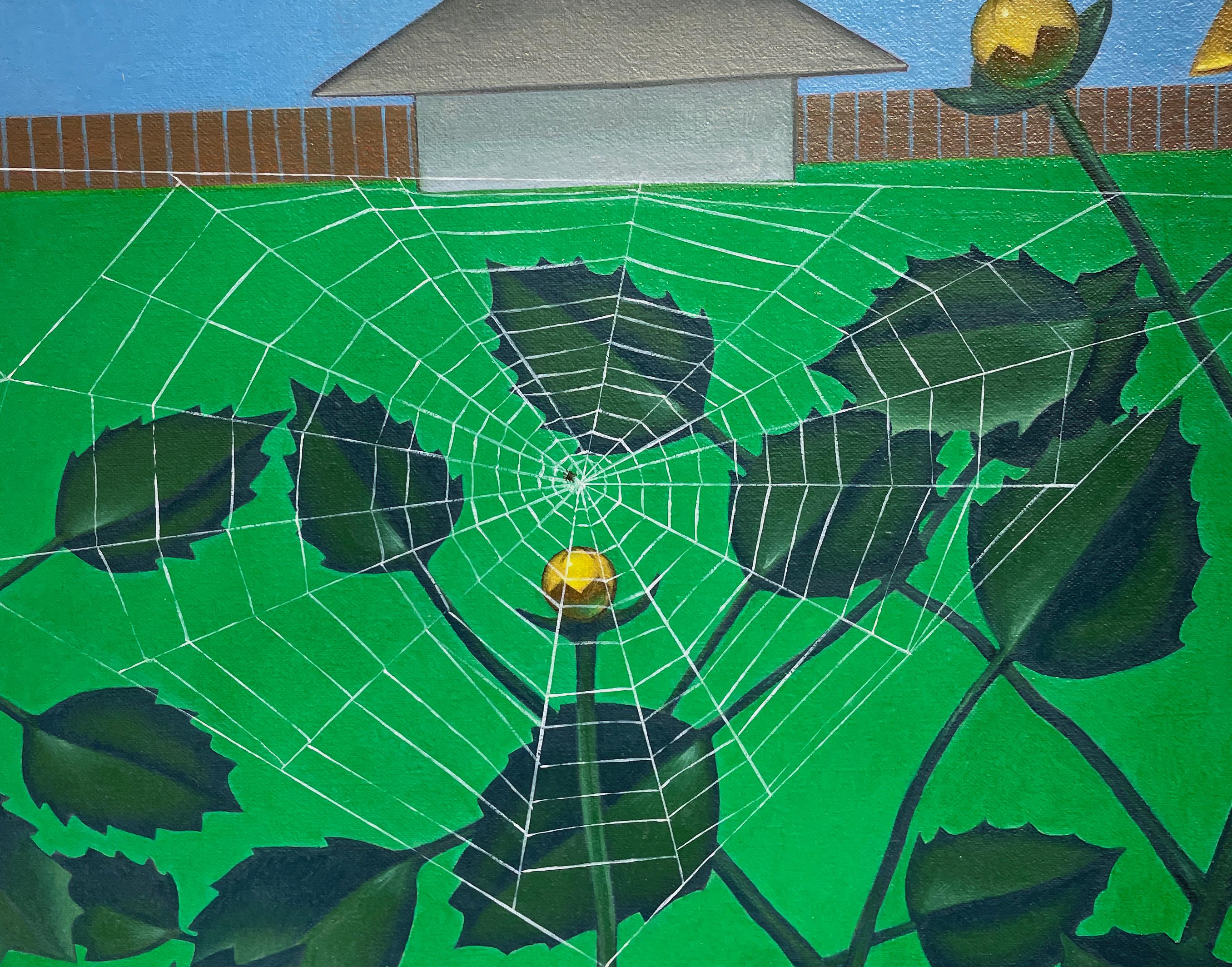 Dahlia-Web –  Reales Feld von Dahlien mit Spinnenwebe, OIl auf Tafel im Angebot 1