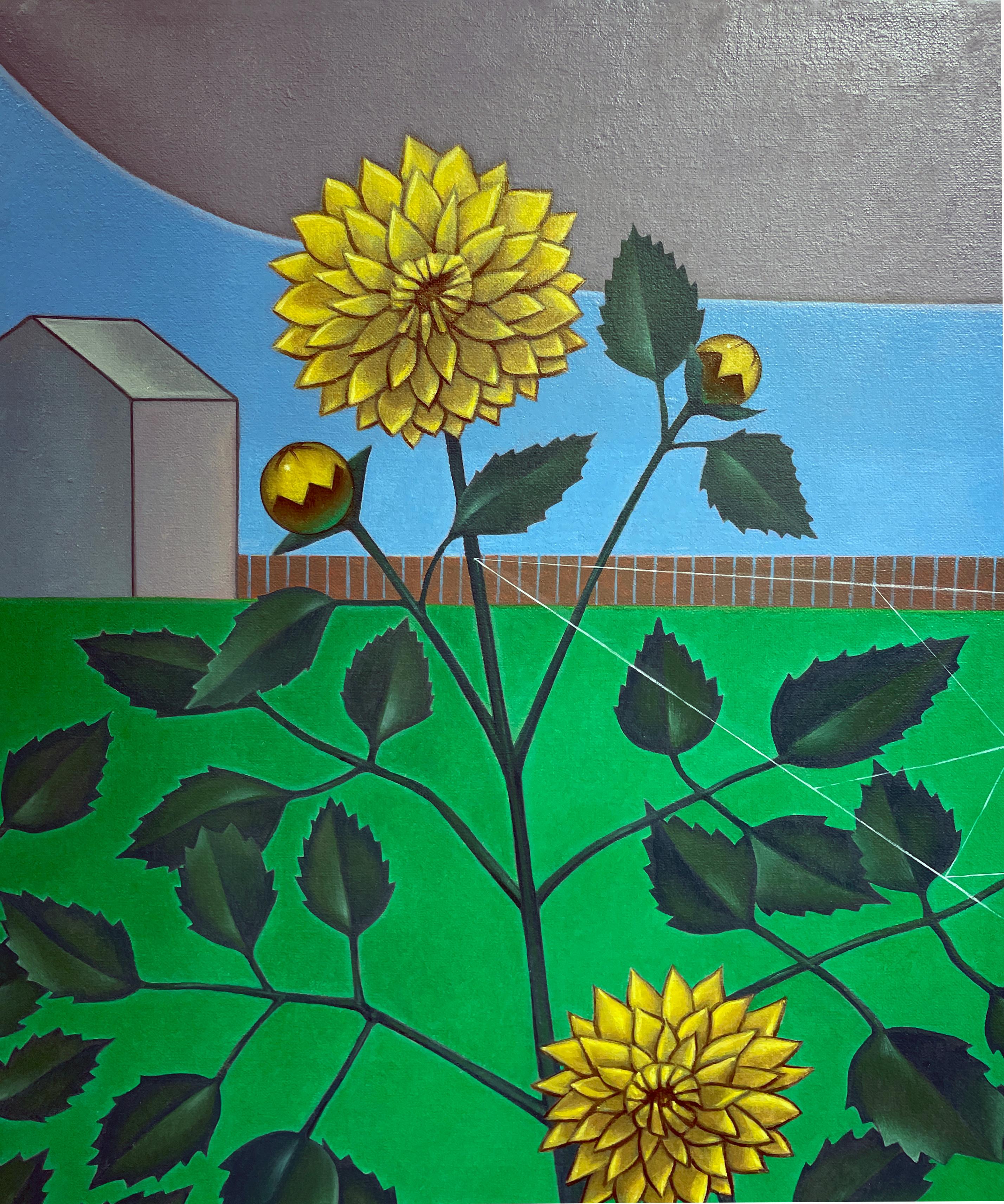 Dahlia Web -  Campo surreale di dalie con ragnatela, OIl su pannello in vendita 4