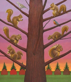 Dawn -  Oak Tree Laden with Squirrels and Birds, Surreal Landscape