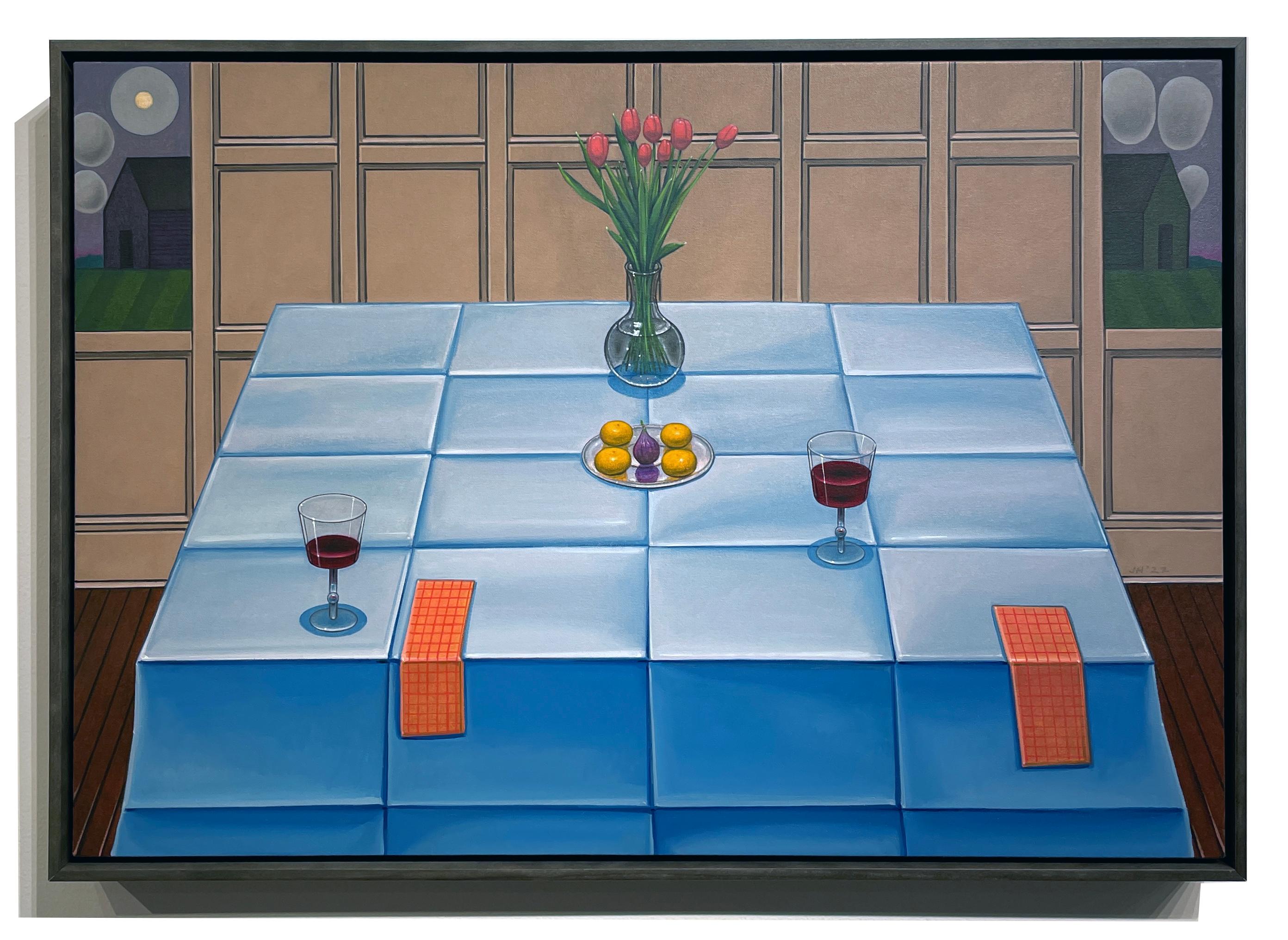 Dessert - Natura morta con frutta, vino e fiori, olio su tavola - Painting di John Hrehov