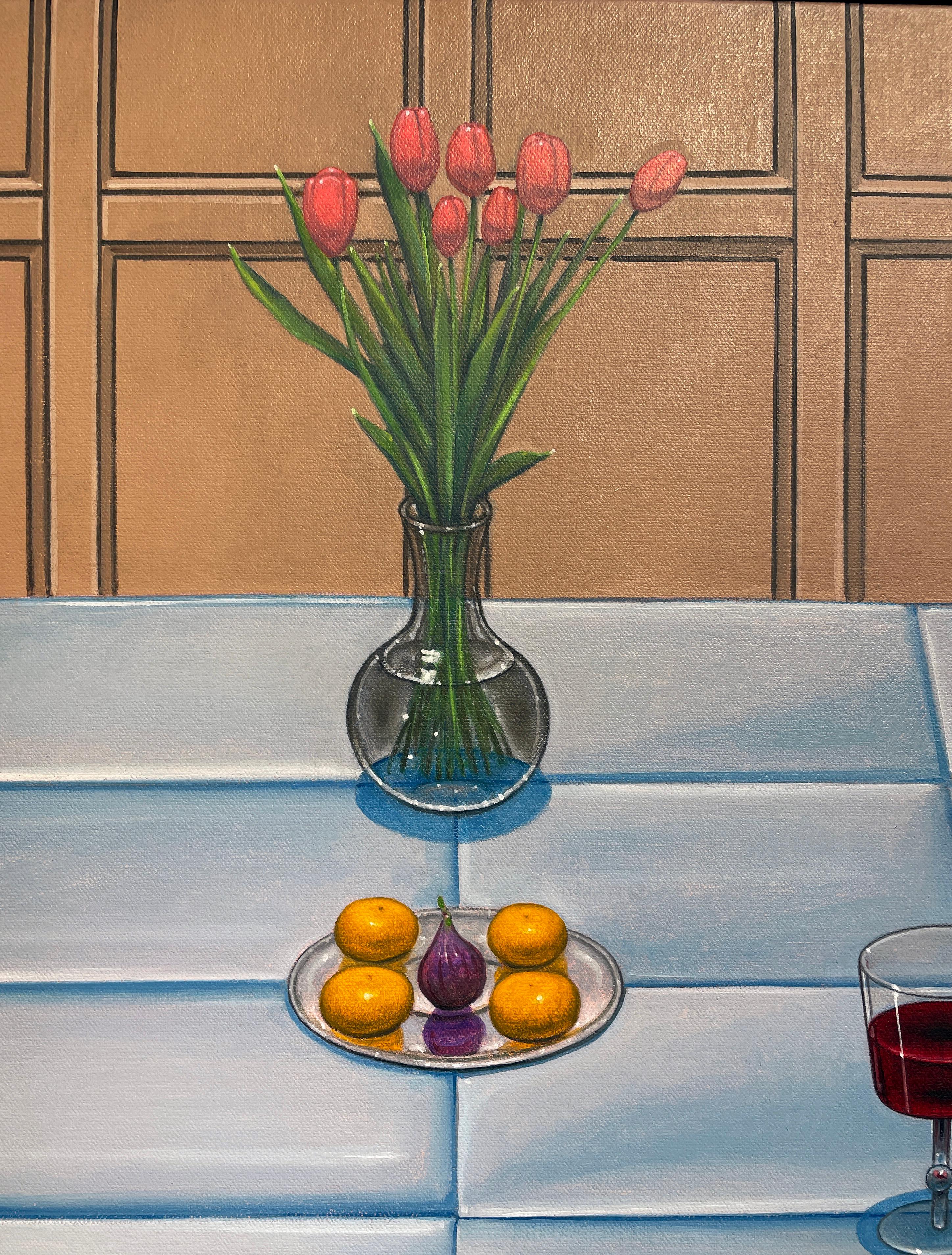 Dessert - Still Life Table Setting with Fruit, Wine and Flowers, Oil on Panel - Surrealist Painting by John Hrehov