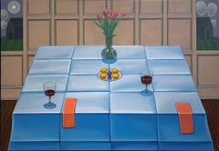 Dessert-Tisch-Stillleben mit Obst-, Wein- und Blumenmotiv, Öl auf Tafel