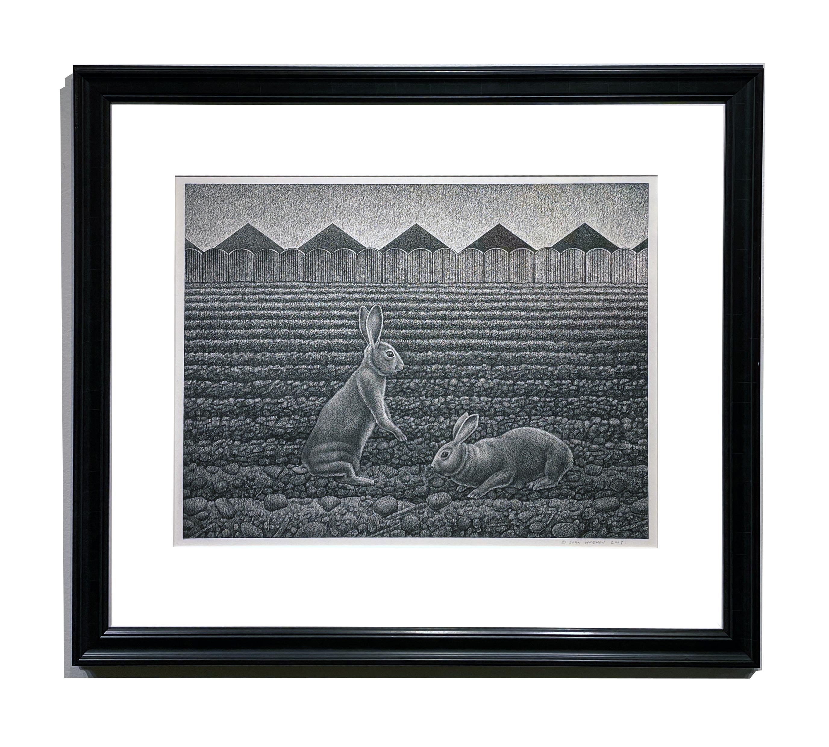 Glean - Landscape, Sown Field w/ Two Rabbits, Graphite, Archival Paper - Painting by John Hrehov