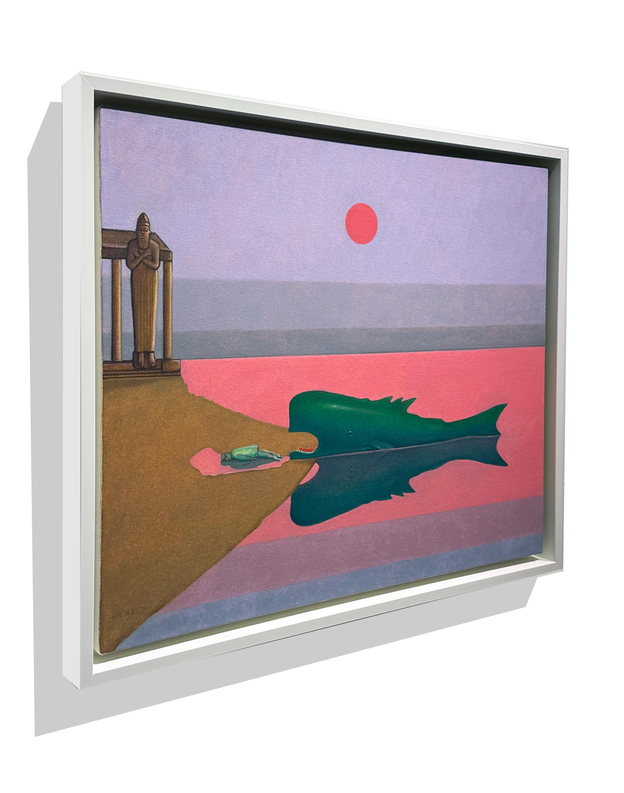 The stark, surreal scene of John Hrehov's painting tells the story of Jonah at the moment he was vomited onto shore after spending 3 days and 3 nights in the belly of a whale.  The landscape is devoid of detail but for the temple representing the