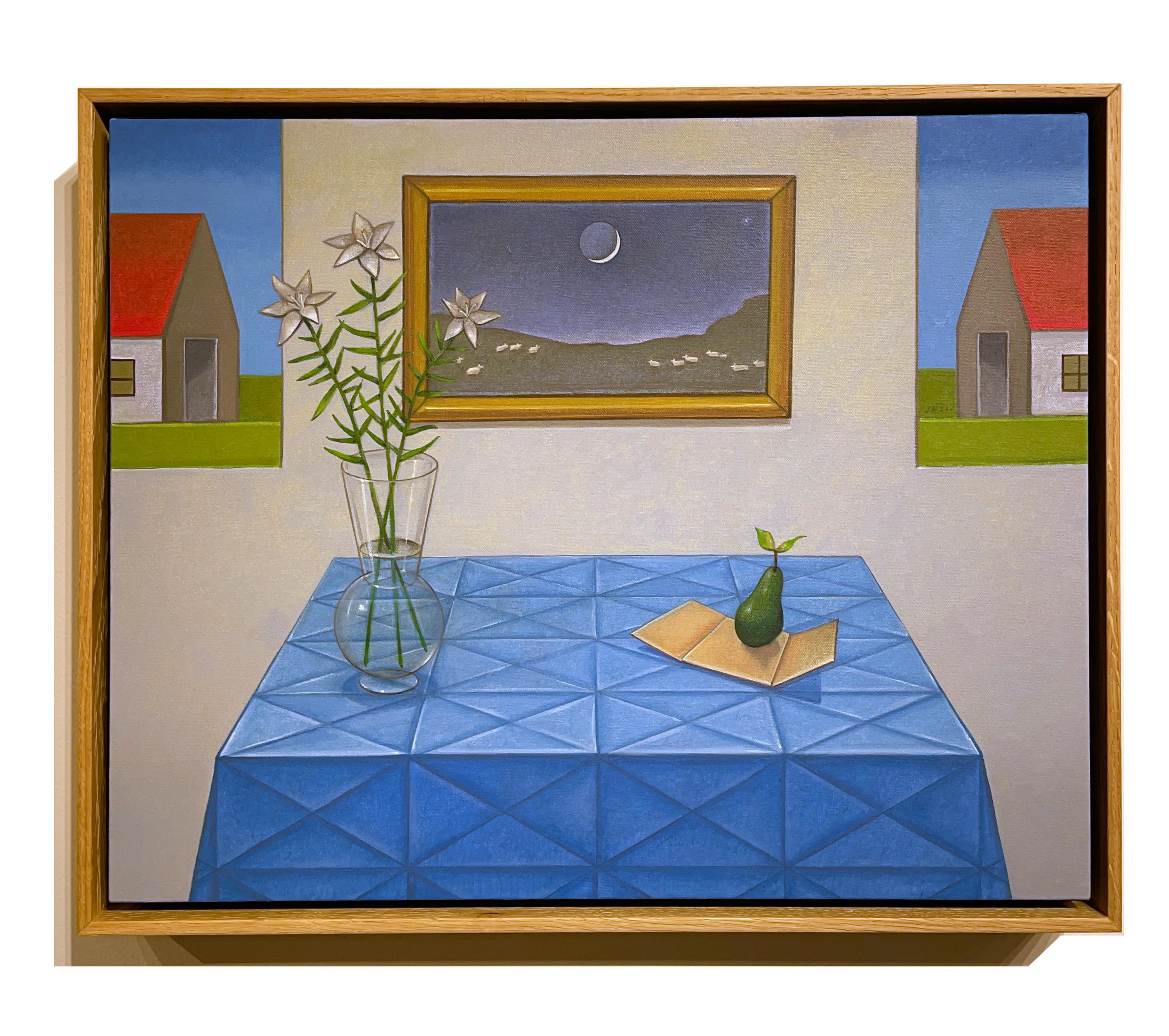 Magnificat - Still Life w/Pear Table Setting, Geometric Patterns, Oil on Panel - Painting by John Hrehov