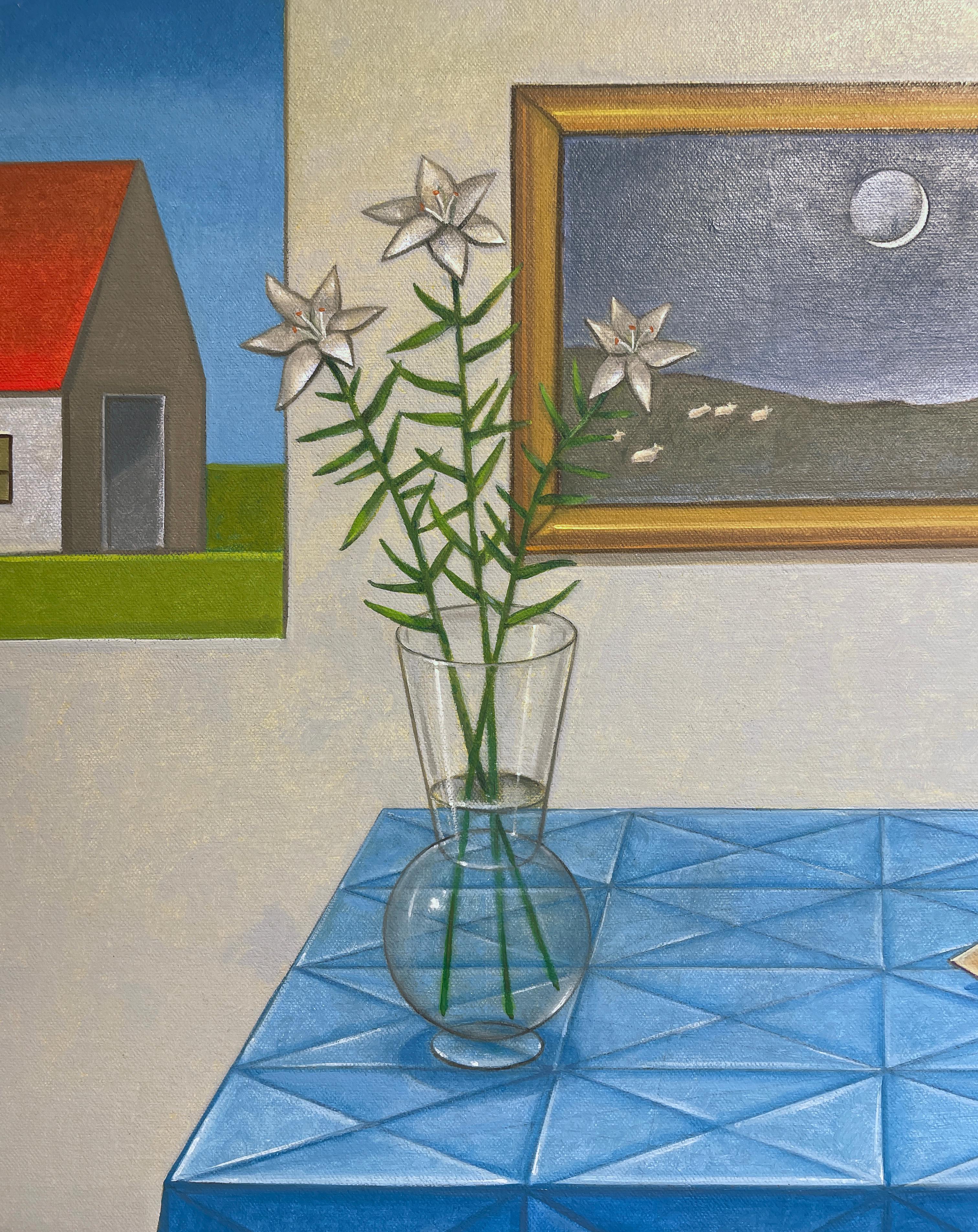 Magnificat - Still Life w/Pear Table Setting, Geometric Patterns, Oil on Panel - Surrealist Painting by John Hrehov