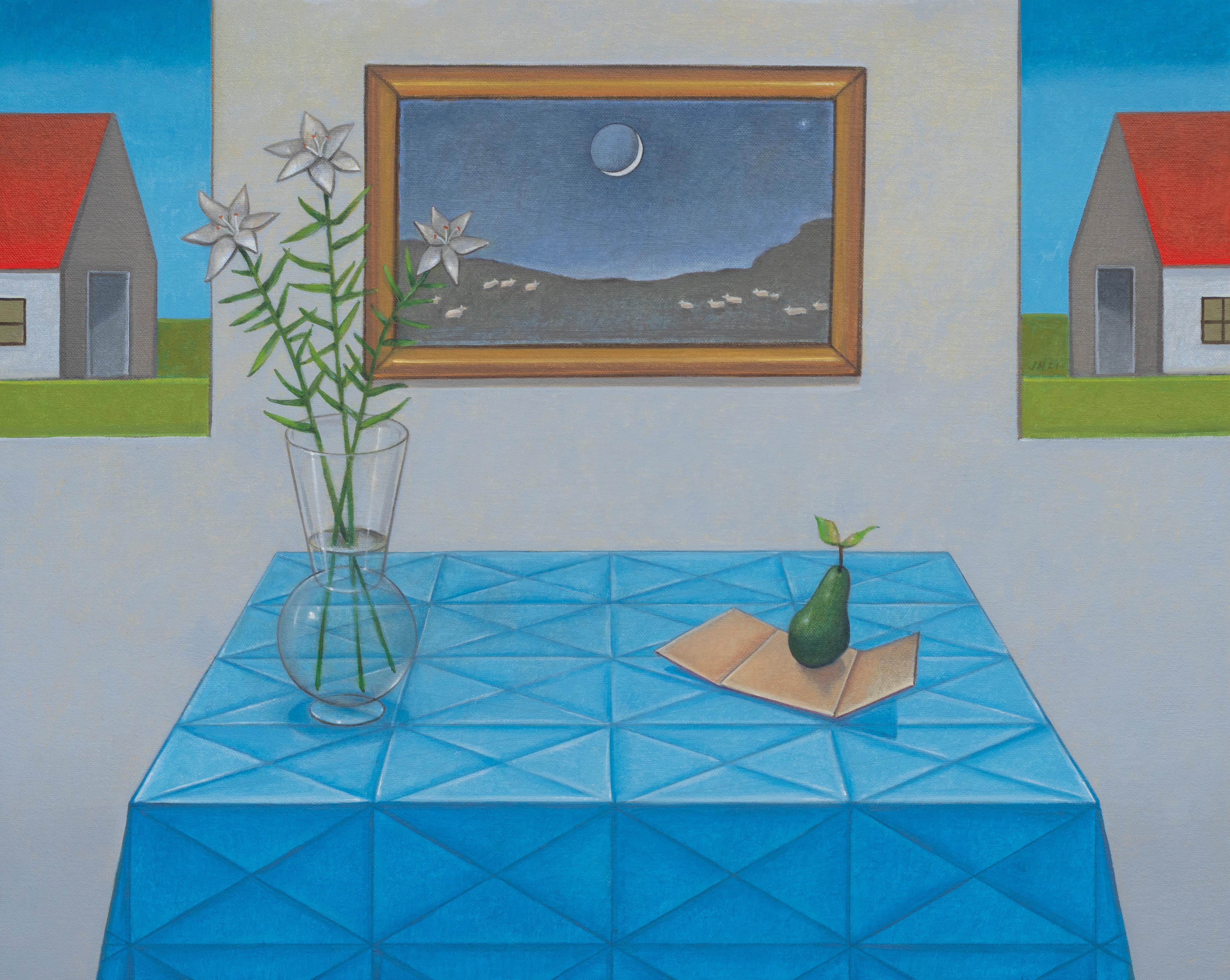 Magnificat - Still Life w/Pear Table Setting, Geometric Patterns, Oil on Panel