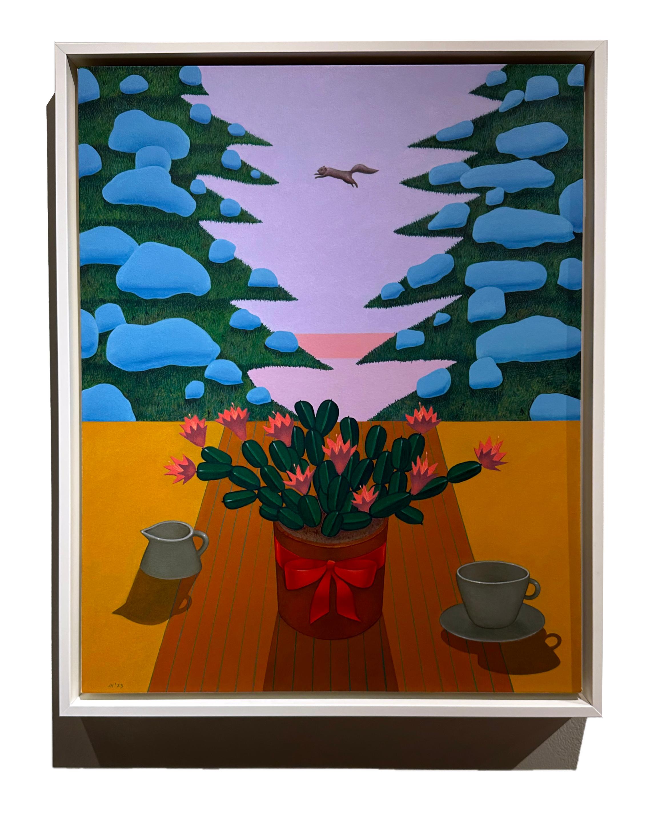 Nexus, Snow Covered Pines with Squirrel and Table Setting, Original Oil, Framed - Painting by John Hrehov