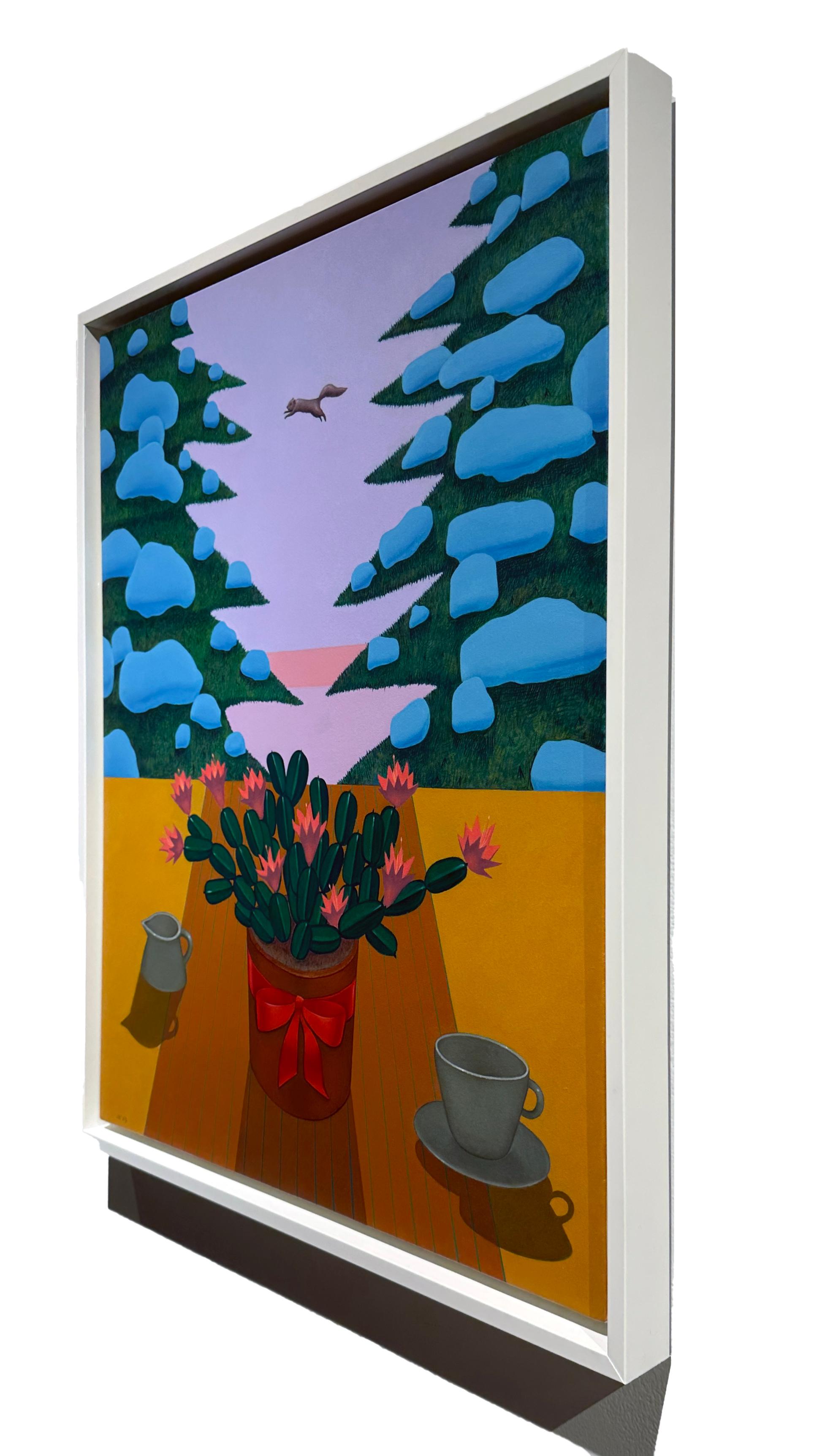 Desert cactus, in full bloom, sit atop a table scape while a squirrel leaps between snow covered pines in the background in John Hrehov's painting titled 