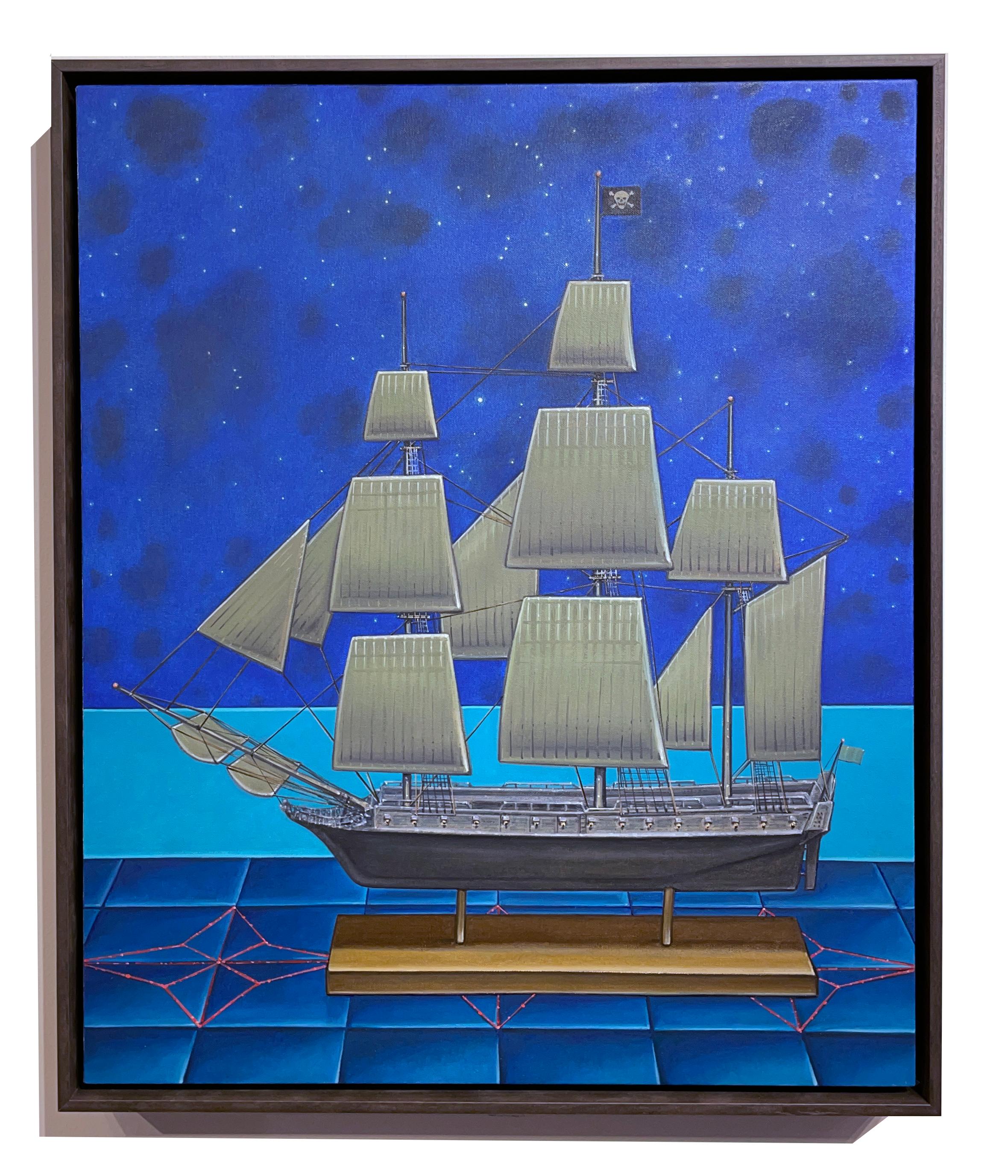 Nächtliche Überfahrt -  Modell eines Piratenschiffes und Konstellationen, Öl auf Tafel – Painting von John Hrehov