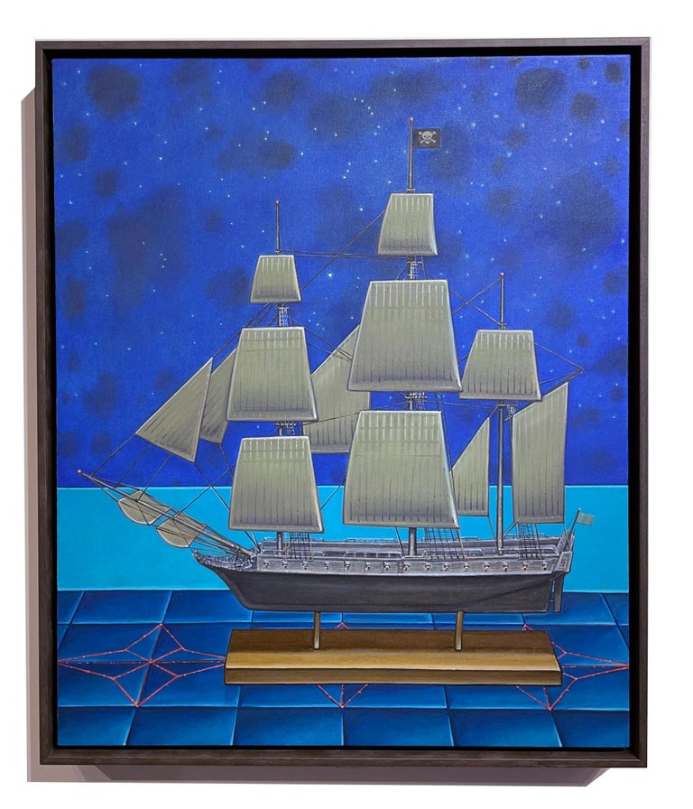 Night Crossing -  Model Pirate Ship and Constellations, Oil on Panel - Painting by John Hrehov
