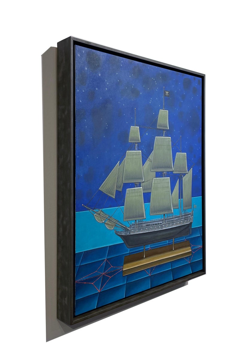 Night Crossing -  Model Pirate Ship and Constellations, Oil on Panel - Surrealist Painting by John Hrehov