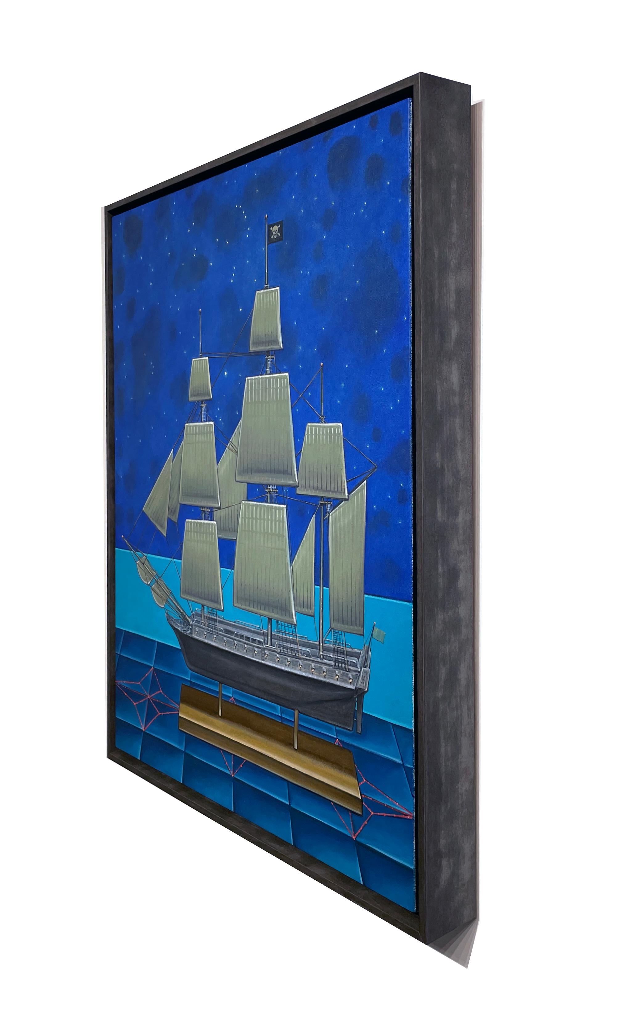 Nächtliche Überfahrt -  Modell eines Piratenschiffes und Konstellationen, Öl auf Tafel (Blau), Landscape Painting, von John Hrehov