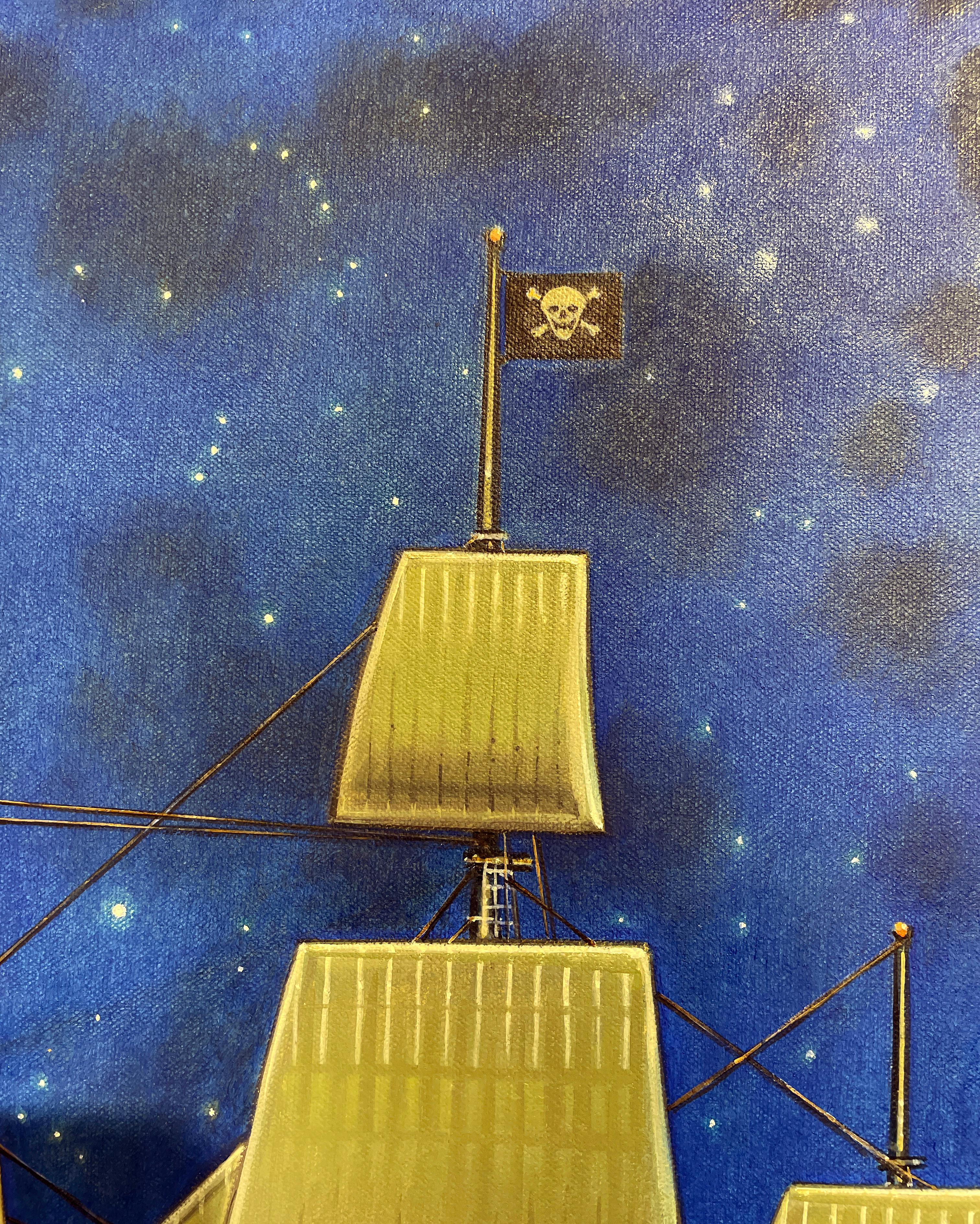 Croix de nuit -  Modèle réduit de navire de pirate et de constellations, huile sur panneau en vente 1