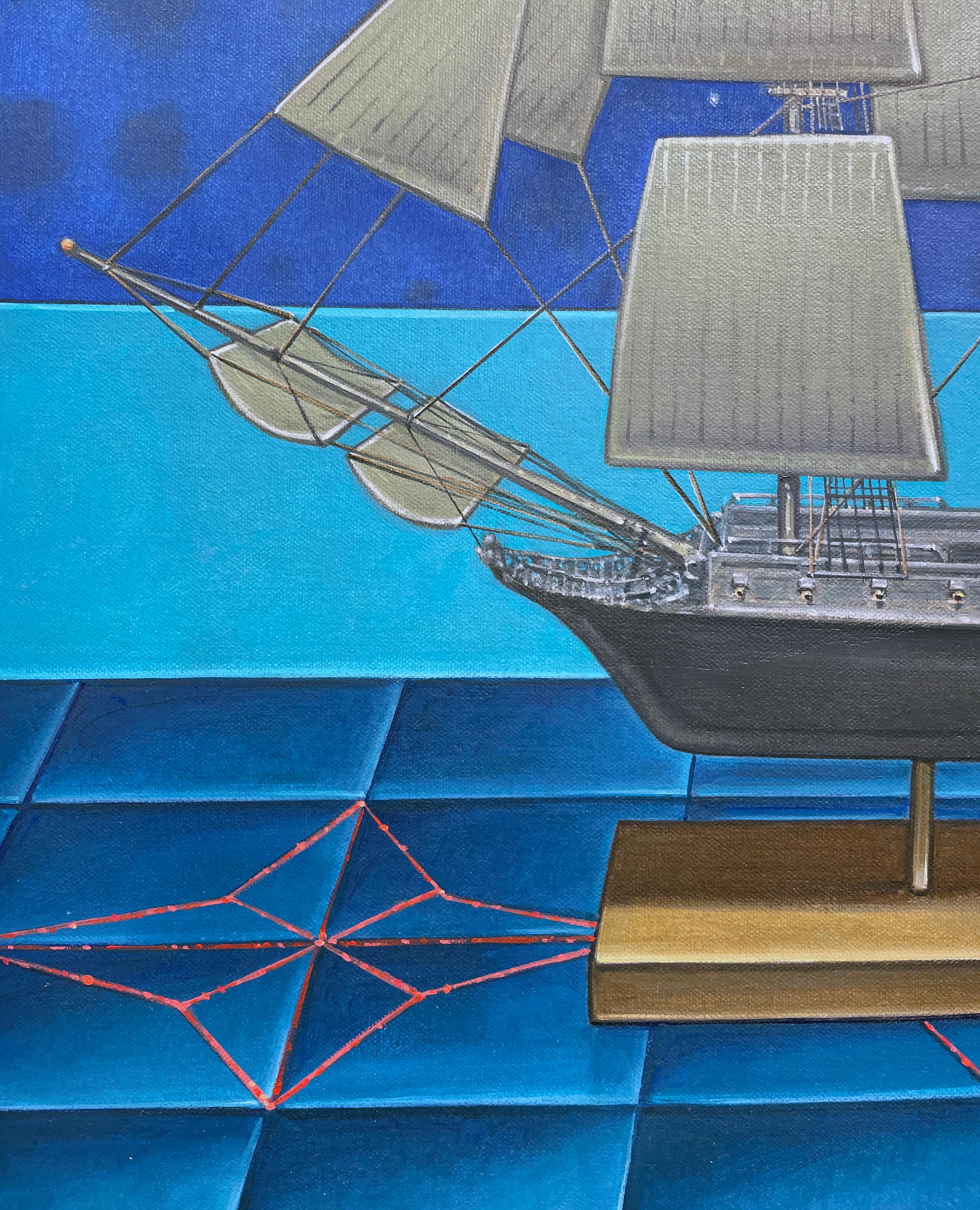 Night Crossing -  Model Pirate Ship and Constellations, Oil on Panel - Blue Landscape Painting by John Hrehov
