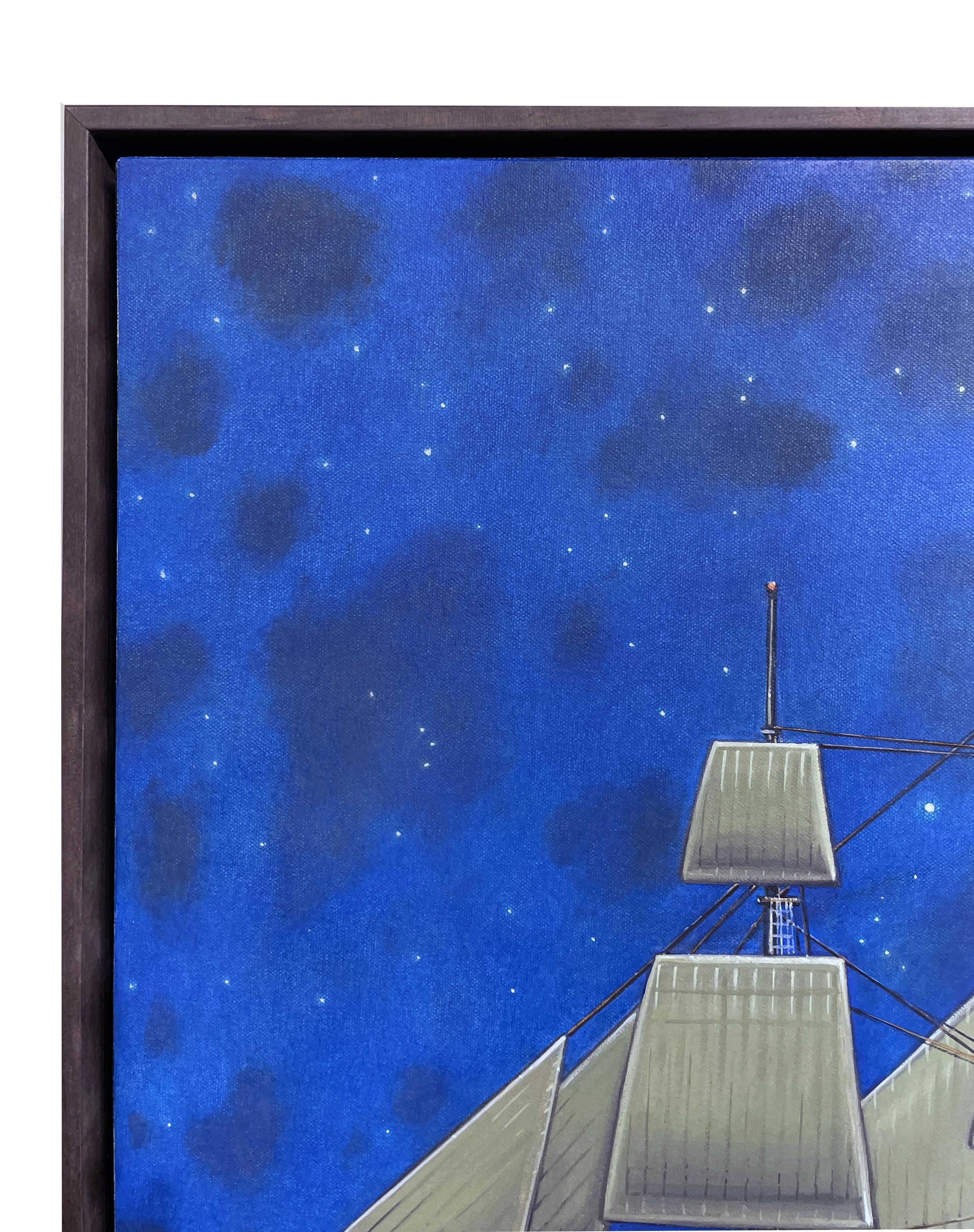 Croix de nuit -  Modèle réduit de navire de pirate et de constellations, huile sur panneau en vente 3