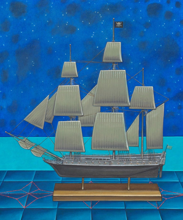 John Hrehov Landscape Painting - Night Crossing -  Model Pirate Ship and Constellations, Oil on Panel