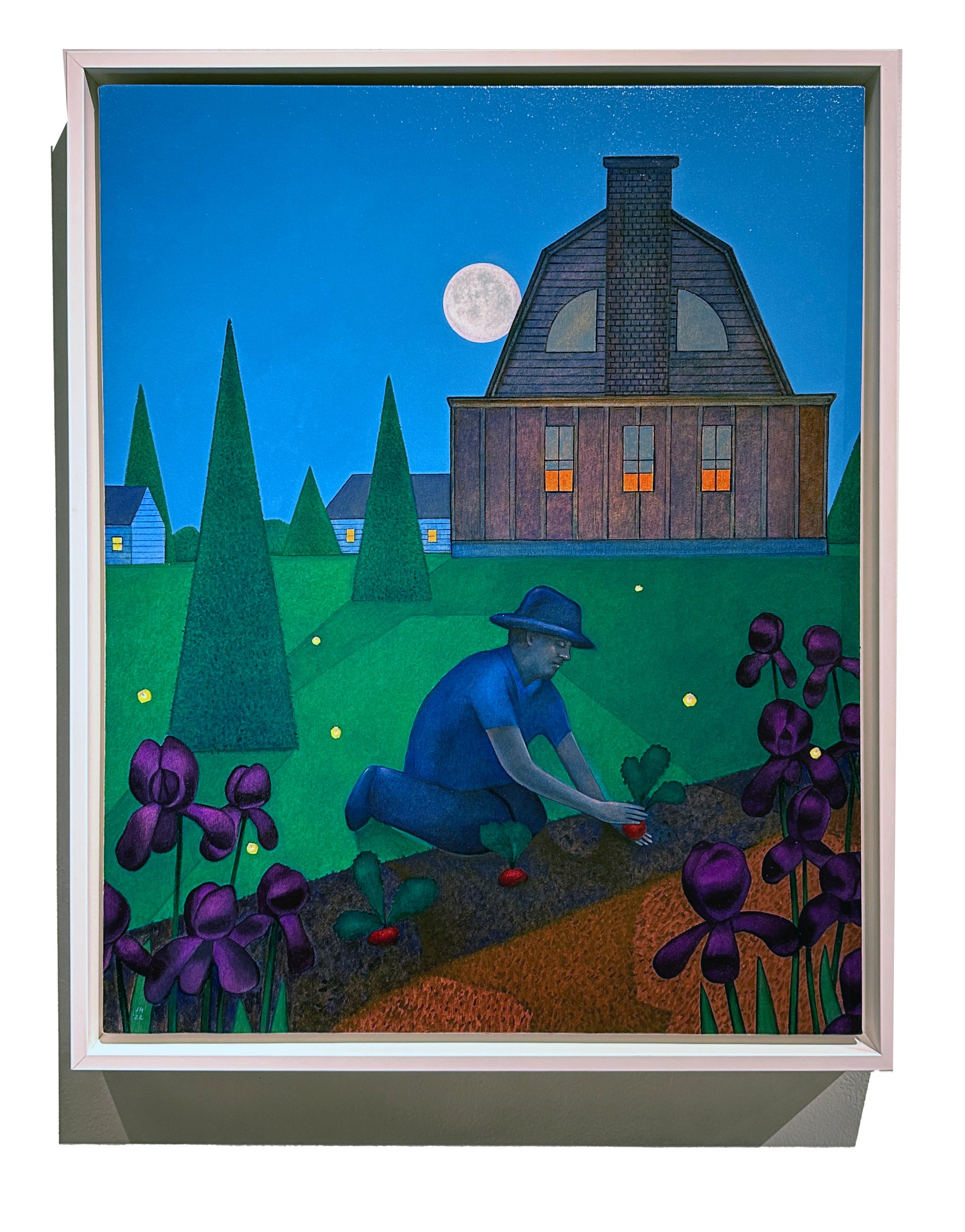 Night Garden, Full Moon Illuminating a Gardener, Original Oil, Framed - Painting by John Hrehov