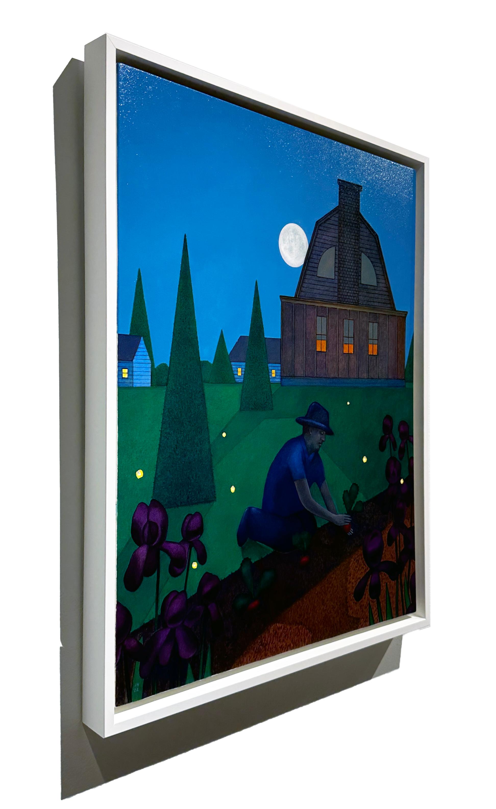 Nachtgarten, Full Moon-Beleuchtung eines Gärtners, Original, gerahmt (Zeitgenössisch), Painting, von John Hrehov