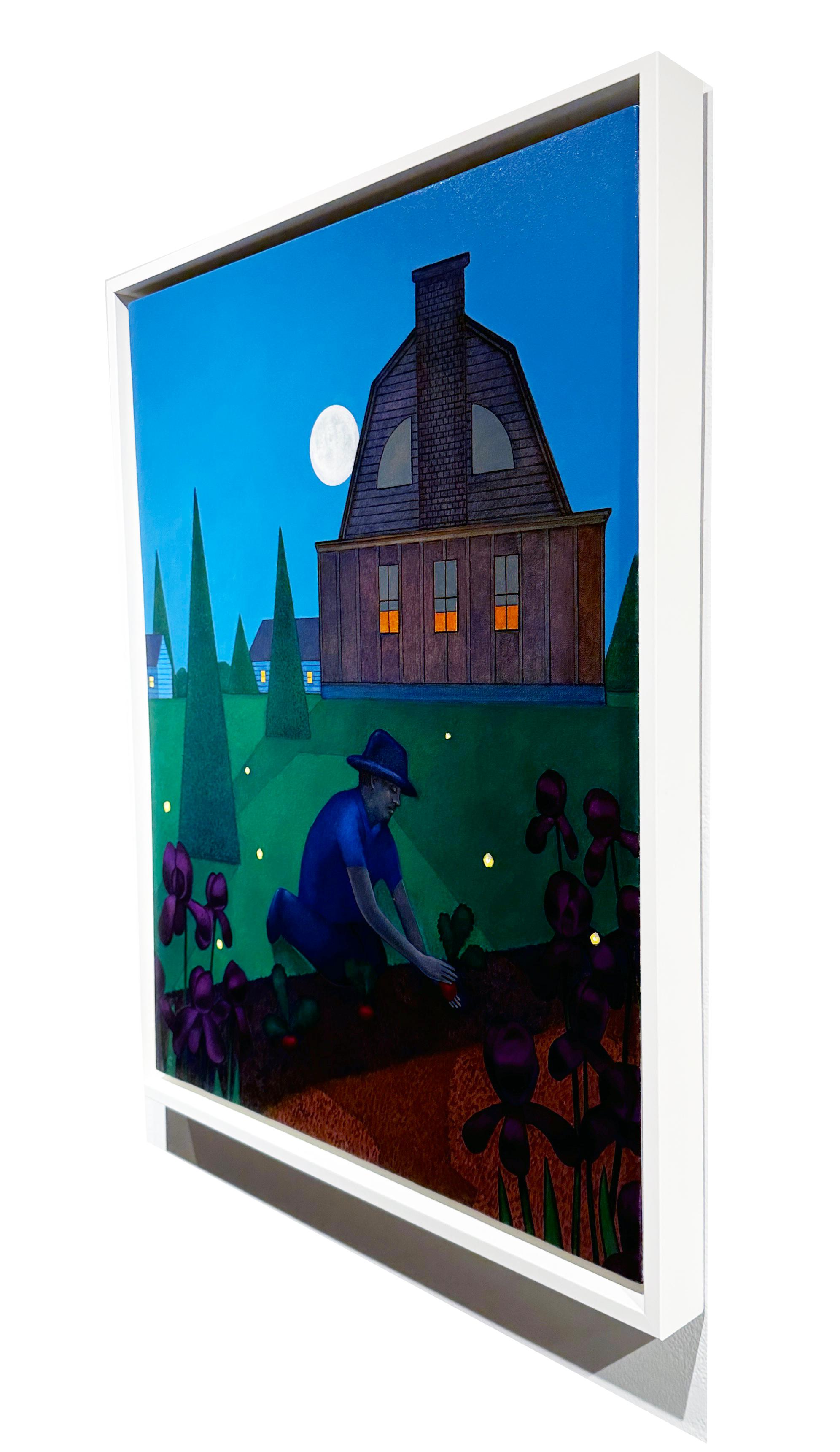 Der Vollmond beleuchtet die Landschaft gerade so weit, dass der Gärtner in diesem illustrativen Gemälde von John Hrehov seine Nachtschattenpflanzen pflegen kann.  Glühwürmchen zieren die Szene und tragen zur Verspieltheit des Bildes bei.  Dieses