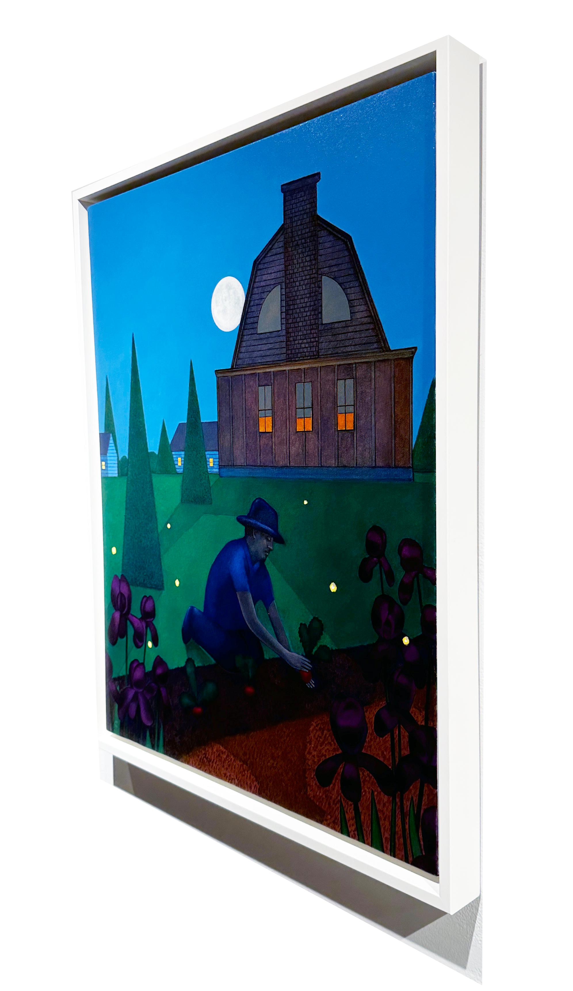 Giardino notturno, Luna piena che illumina un giardiniere, olio originale, con cornice - Figurative Painting Nero di John Hrehov