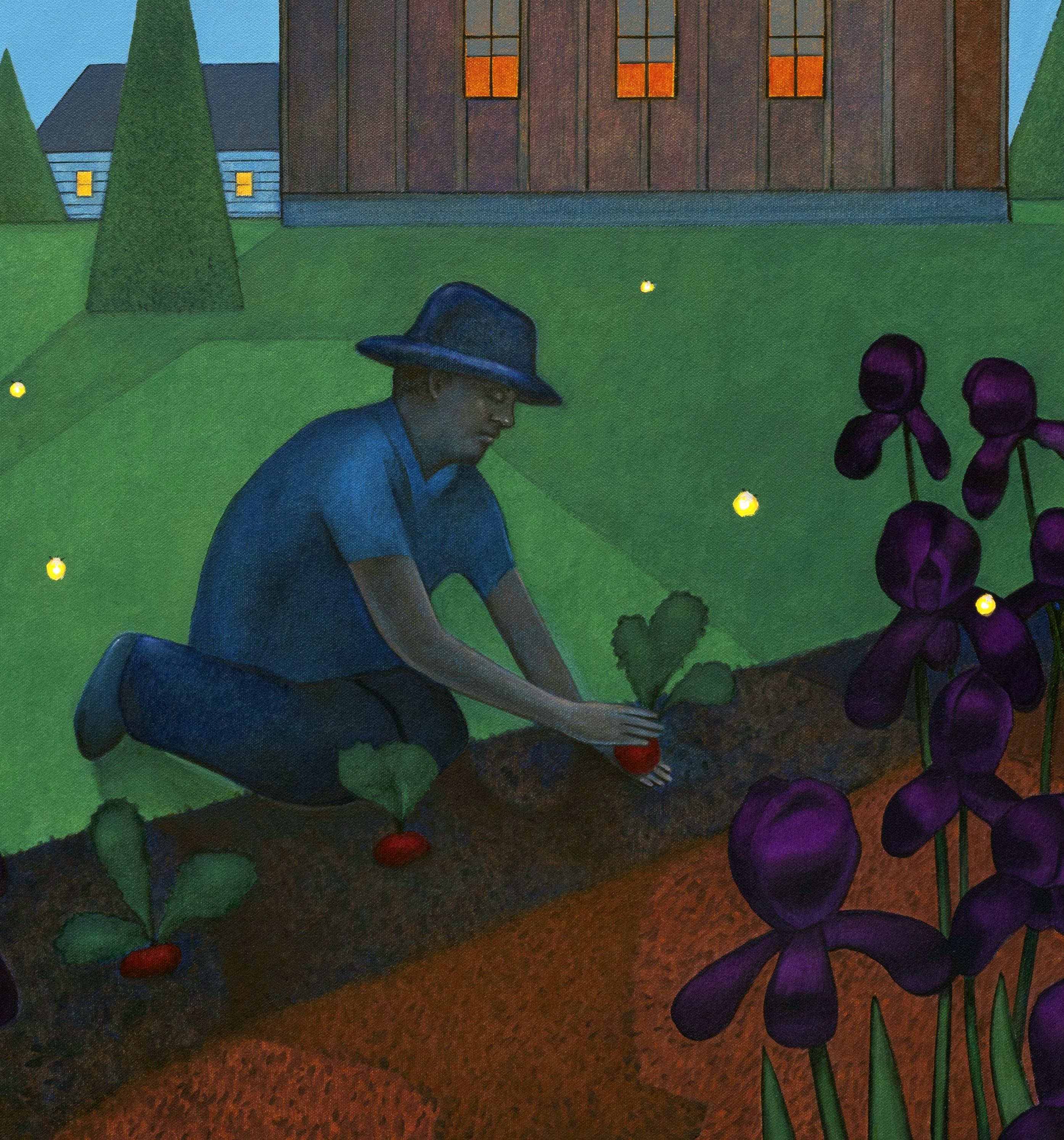 A full moon illuminates the landscape just enough to allow this gardener to tend his night shade plants in this illustrative painting by John Hrehov.  Fireflies dot the scene adding to the playfulness of the tableau.  This piece is floated in a