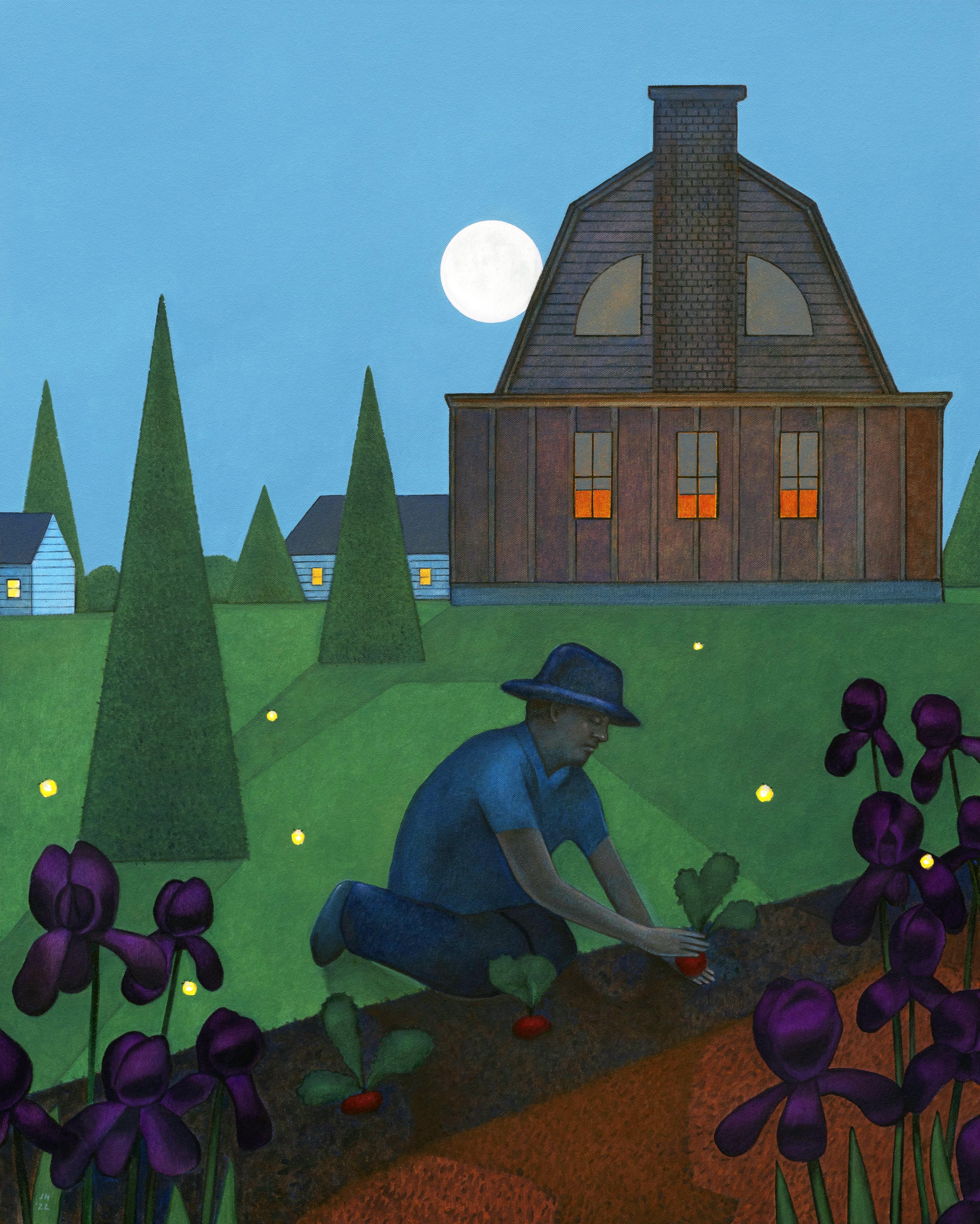 John Hrehov Figurative Painting – Nachtgarten, Full Moon-Beleuchtung eines Gärtners, Original, gerahmt