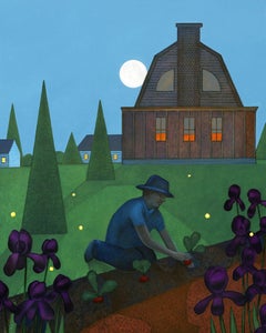Night Garden, Full Moon Illuminating a Gardener, Original Oil, Framed