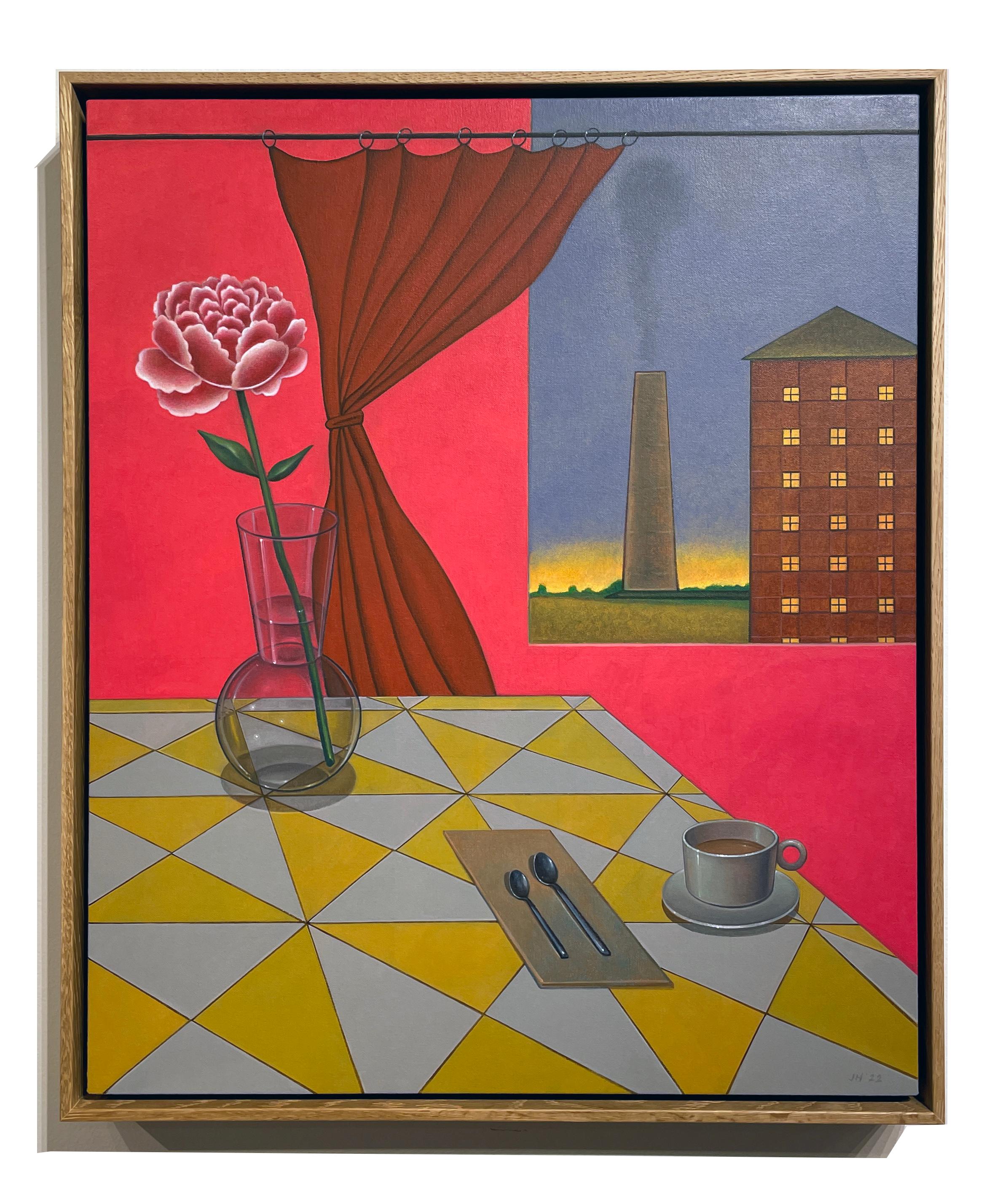 Presence - Interior Surreal Scene w/Table Setting and Factory View, Oil on Panel - Painting by John Hrehov
