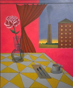 Presence - Interior Surreal Scene w/Table Setting and Factory View, Oil on Panel