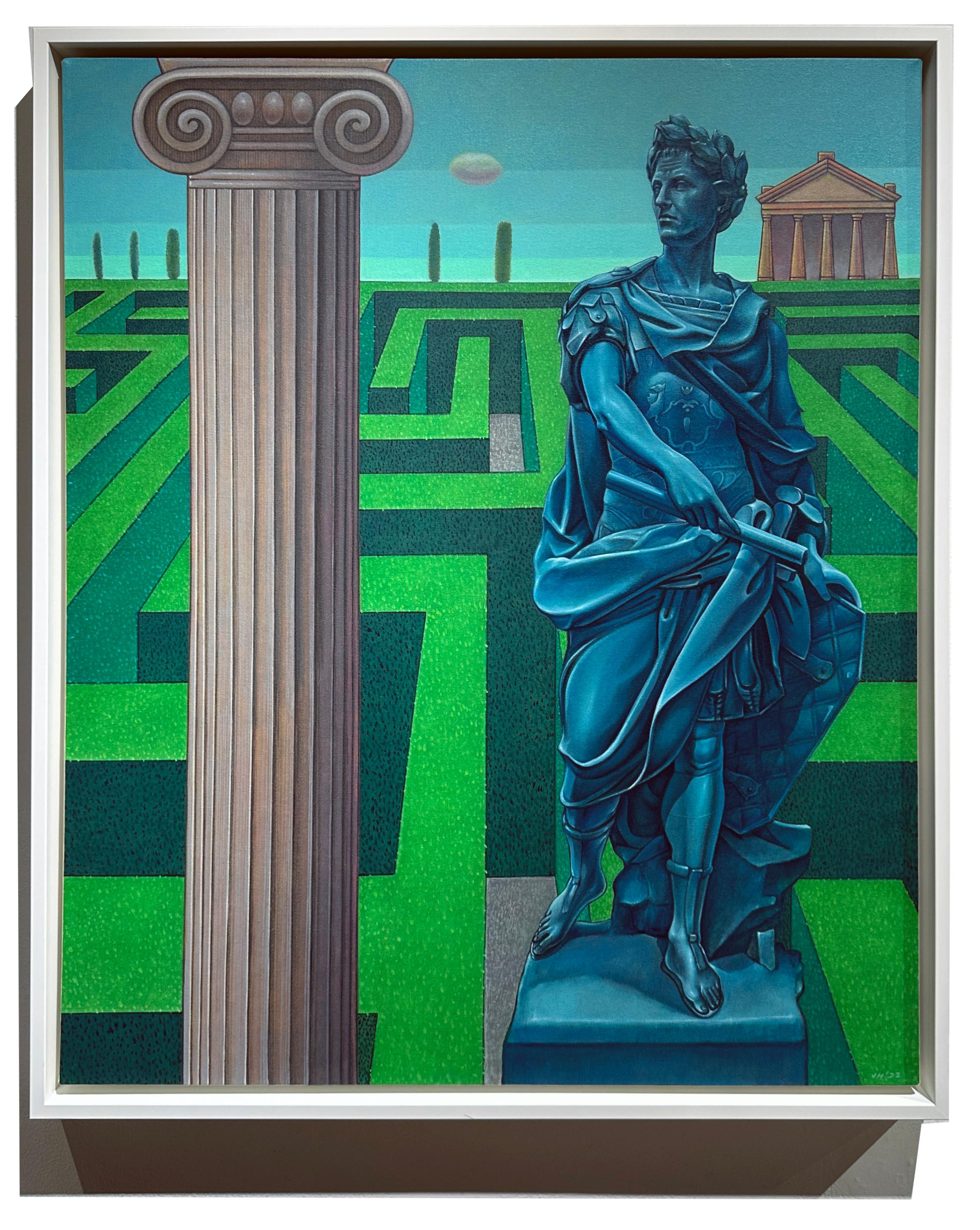 Render to Caesar, Surreal Scene with Classical Greek Scupture and Garden - Painting by John Hrehov