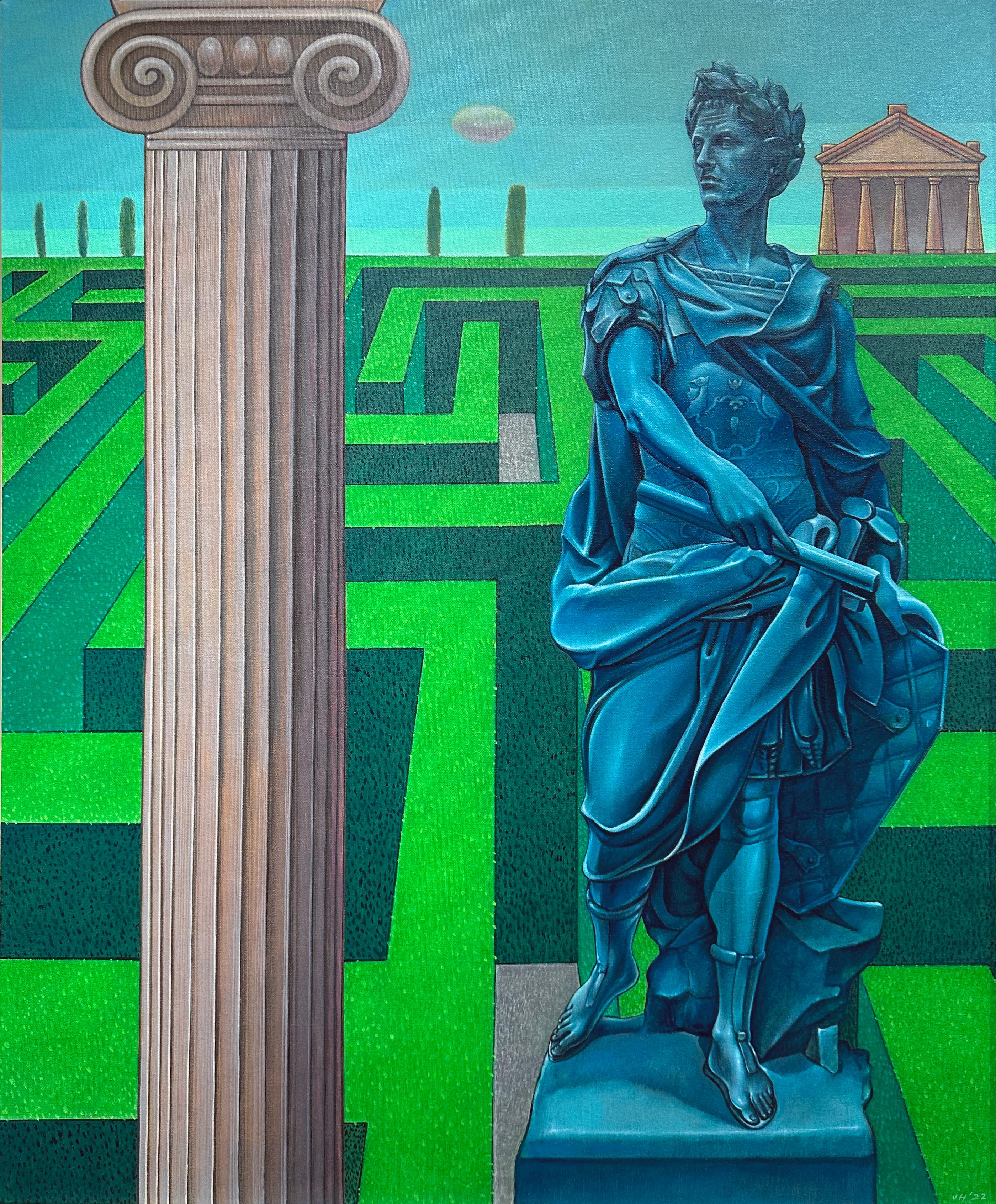 John Hrehov Landscape Painting - Render to Caesar, Surreal Scene with Classical Greek Scupture and Garden