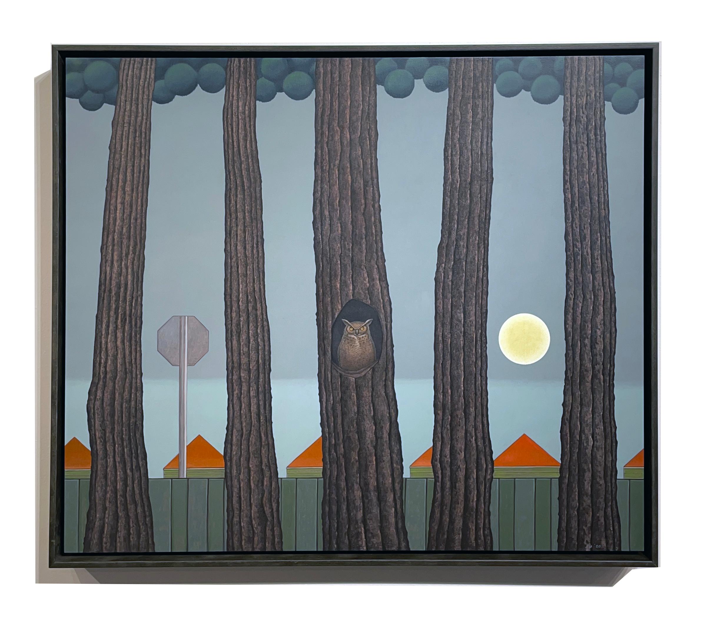 Rising -  Surreal Landscape with Row of Trees and Owl, Oil on Panel For Sale 2