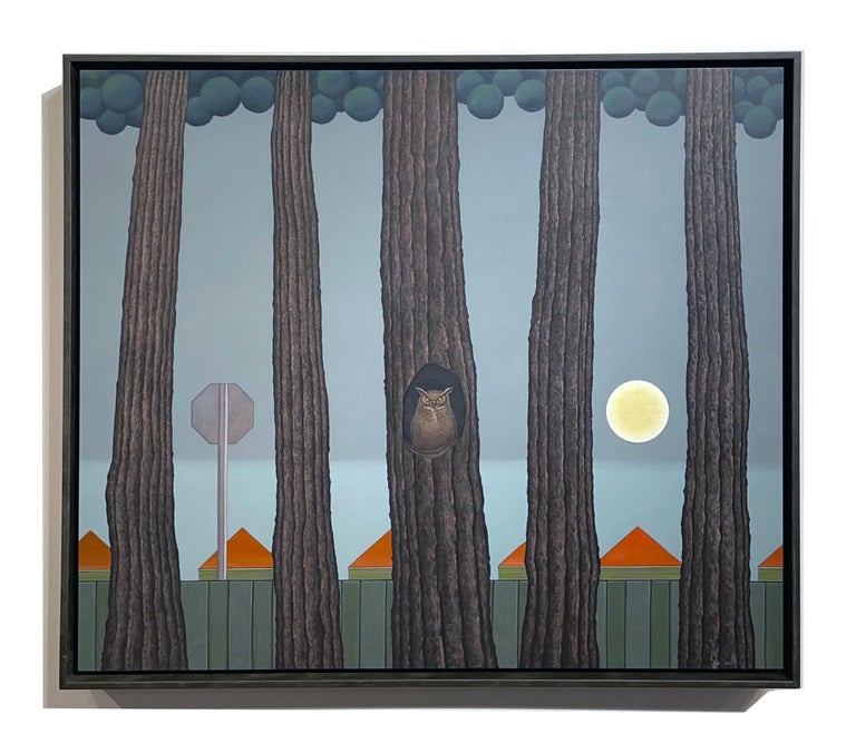 Rising -  Surreal Landscape with Row of Trees and Owl, Oil on Panel For Sale 5