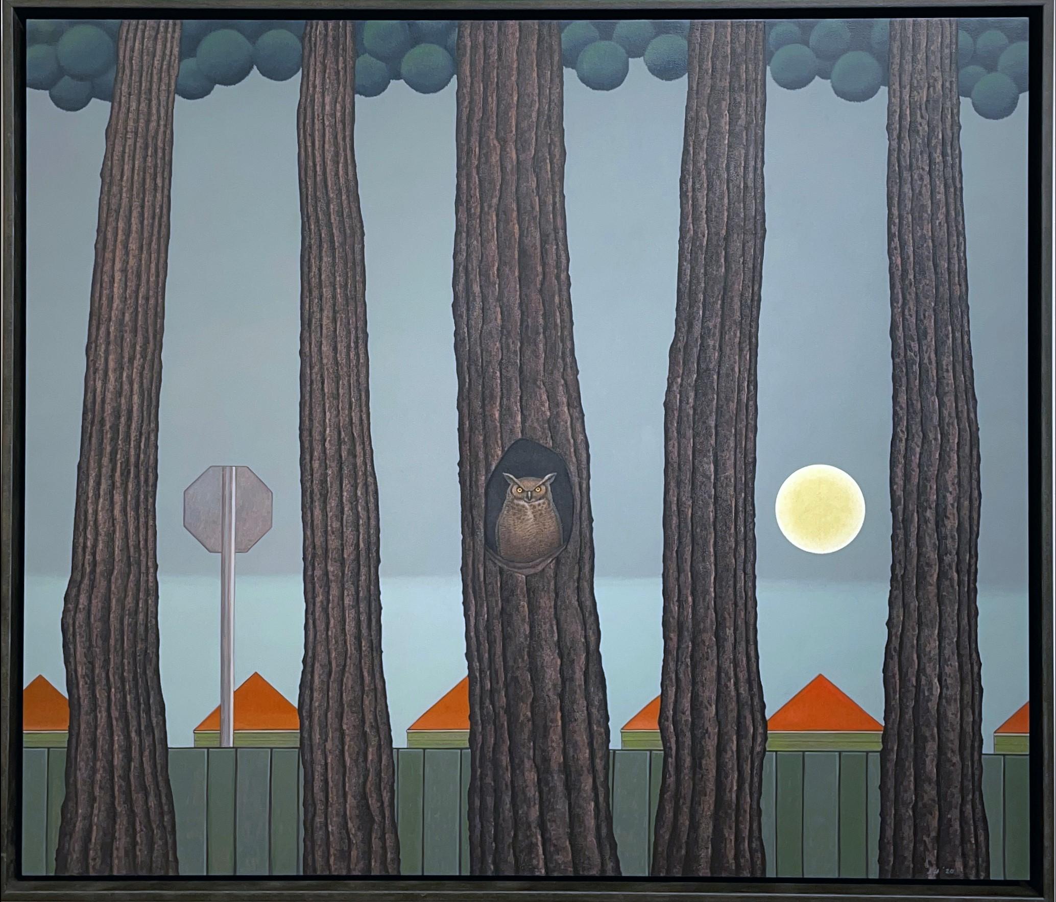 Aufsteigend -  Reale Landschaft mit Baumreihen und Eule, Öl auf Täfelung – Painting von John Hrehov