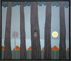 Rising -  Surreal Landscape with Row of Trees and Owl, Oil on Panel