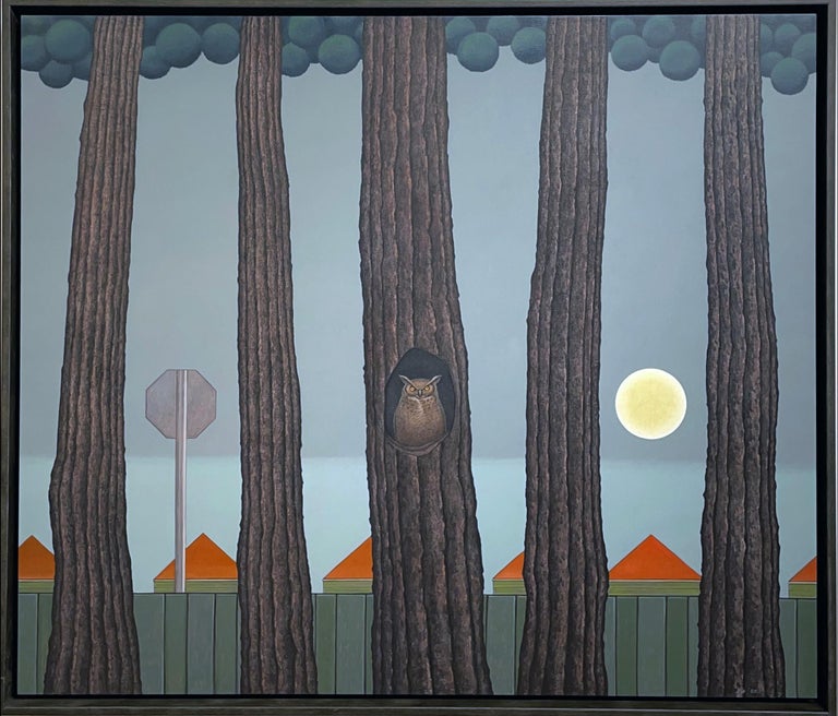 Rising -  Surreal Landscape with Row of Trees and Owl, Oil on Panel - Painting by John Hrehov