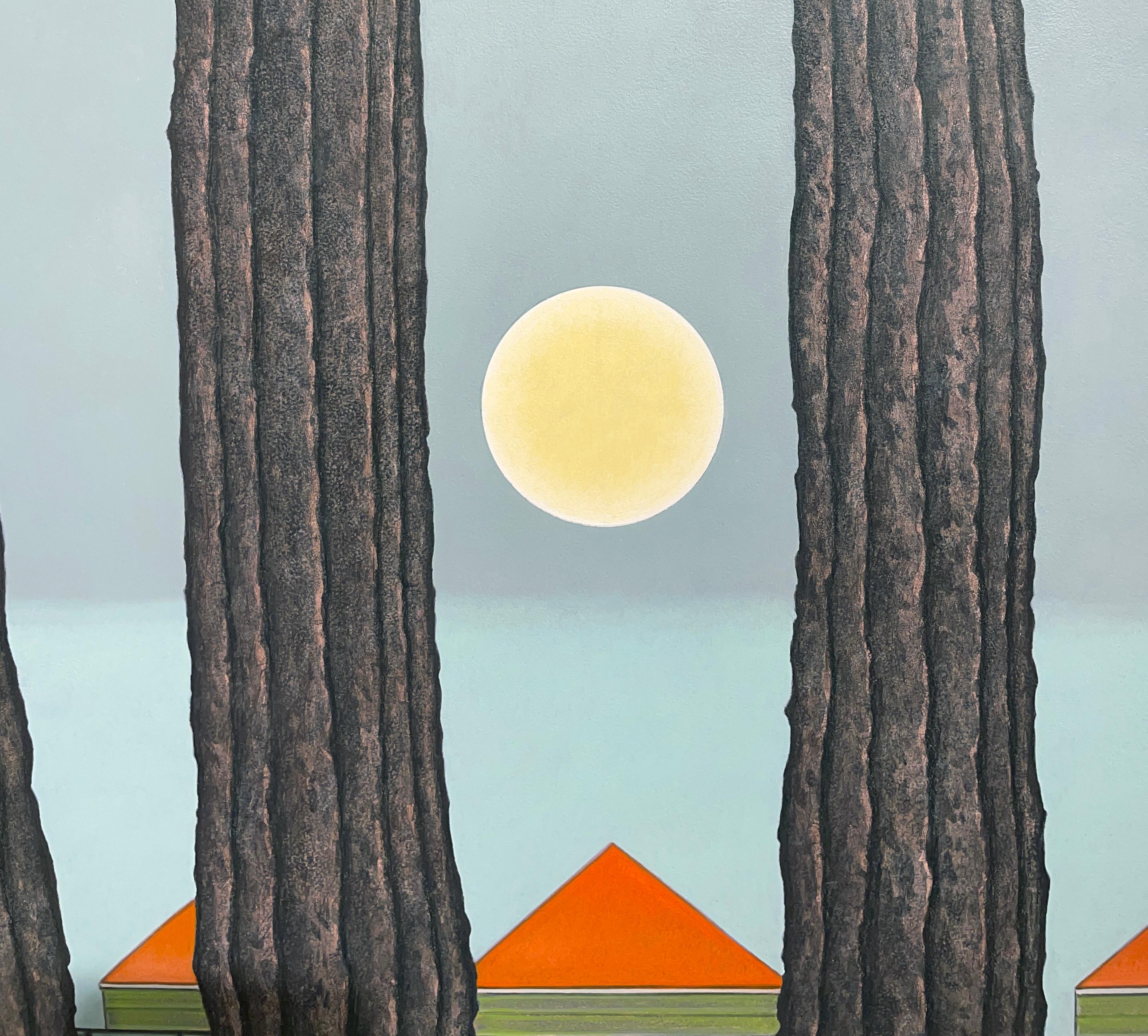 Aufsteigend -  Reale Landschaft mit Baumreihen und Eule, Öl auf Täfelung (Surrealismus), Painting, von John Hrehov
