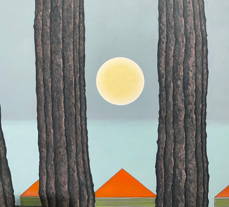 Rising -  Surreal Landscape with Row of Trees and Owl, Oil on Panel - Surrealist Painting by John Hrehov