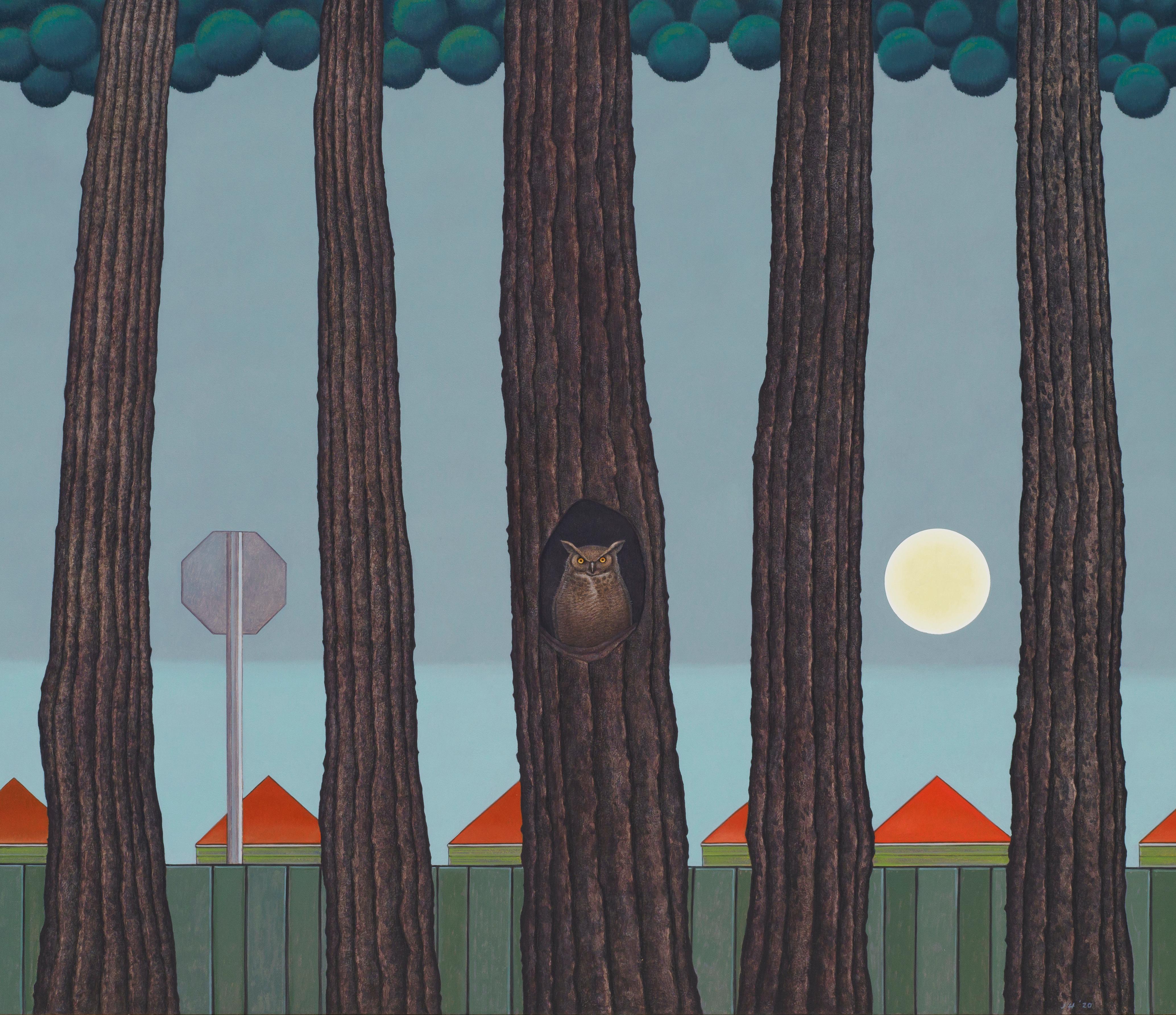 Rising -  Surreal Landscape with Row of Trees and Owl, Oil on Panel