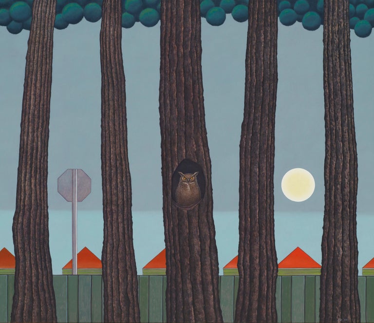 John Hrehov Landscape Painting - Rising -  Surreal Landscape with Row of Trees and Owl, Oil on Panel