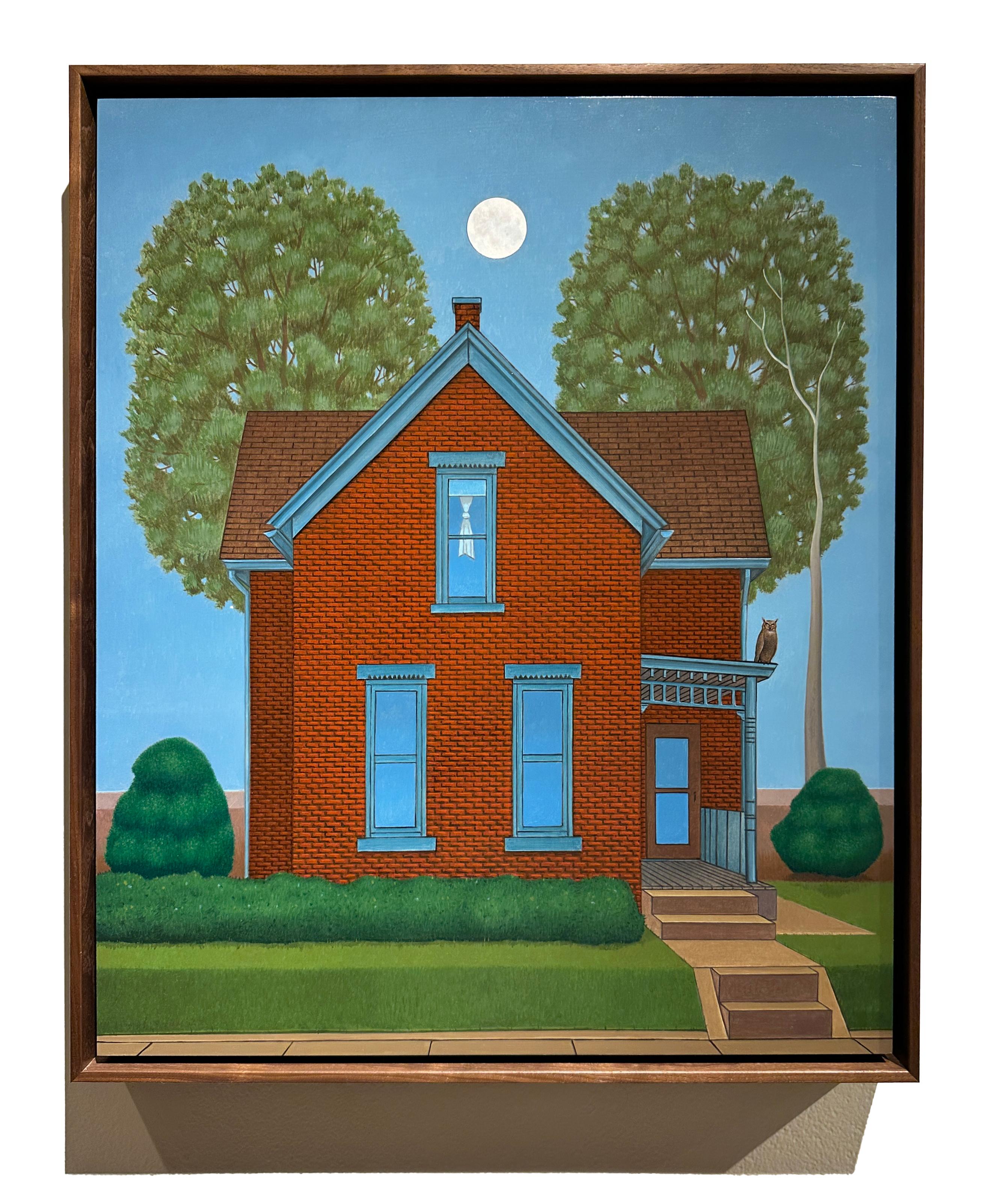 Summer House (For G.A.) - Quaint Cottage Illuminated by Moon Light, Framed - Painting by John Hrehov