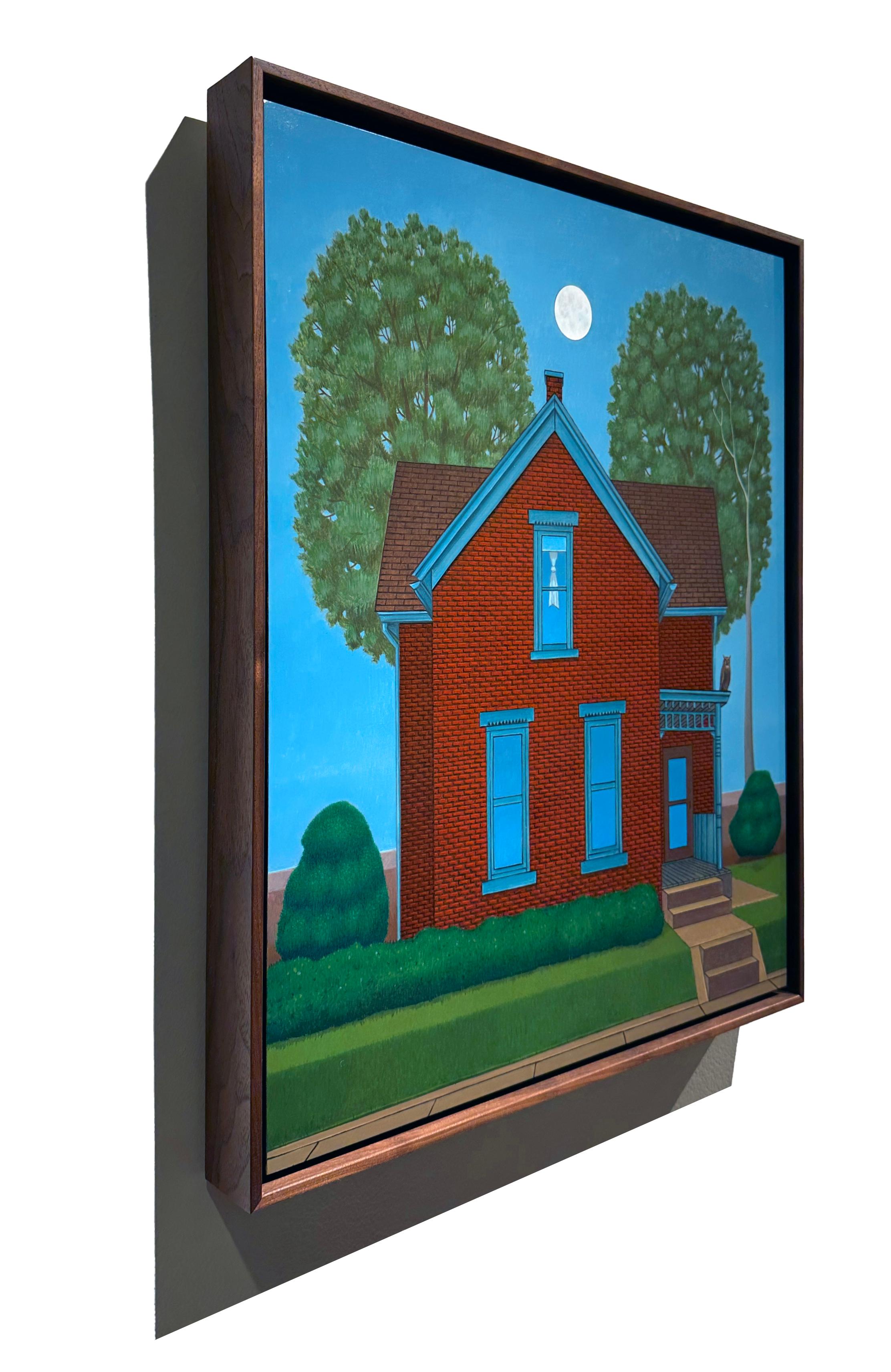Summer House (For G.A.) - Quaint Cottage Illuminated by Moon Light, Framed - Realist Painting by John Hrehov