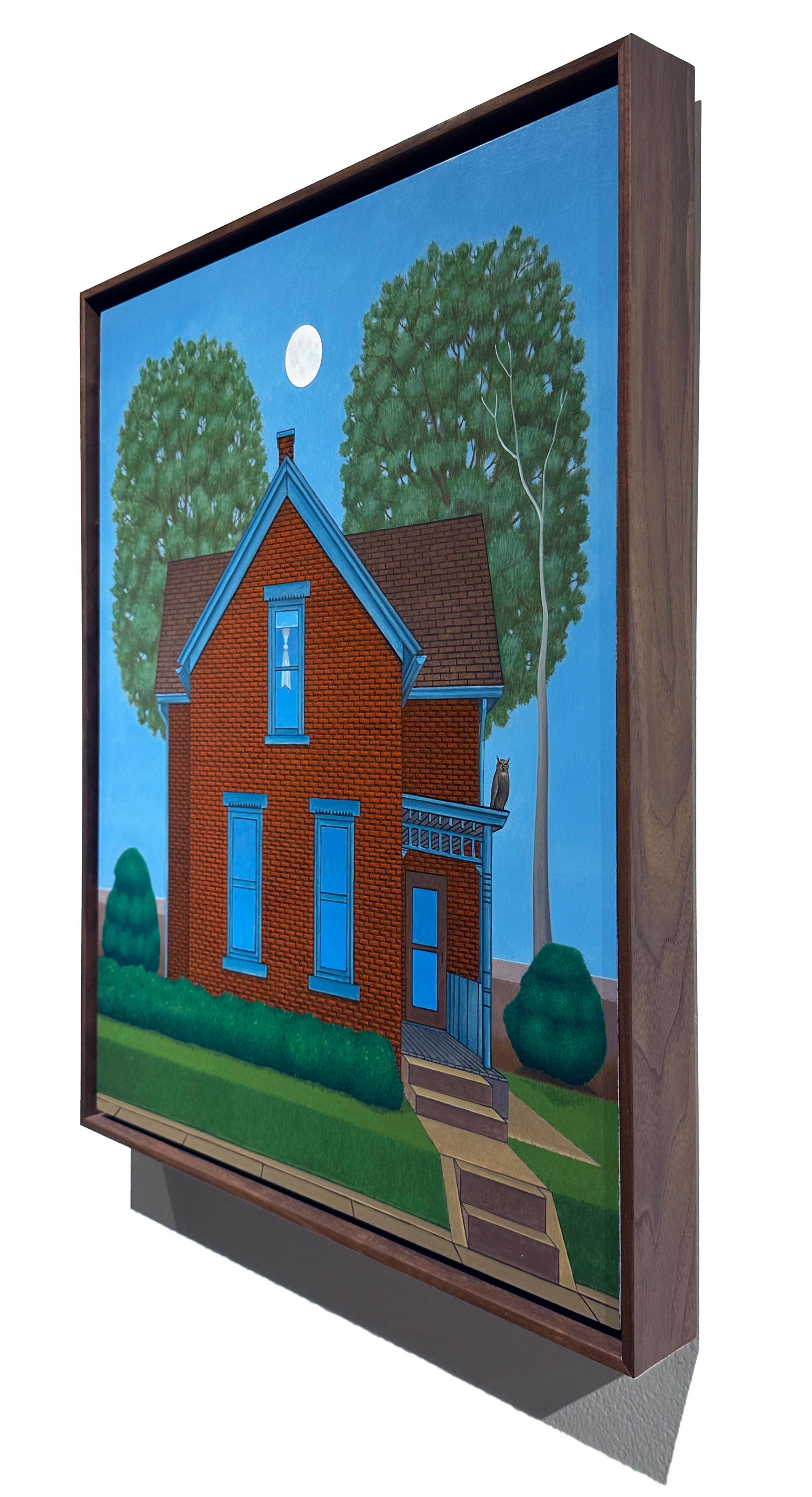 A full moon lingers over the trees to illuminate this quaint cottage, complete with lace curtains and a hoot owl along the eves. The saturated colors bring a warmth to the otherwise stark scene. This piece is floated in a warm walnut wood frame