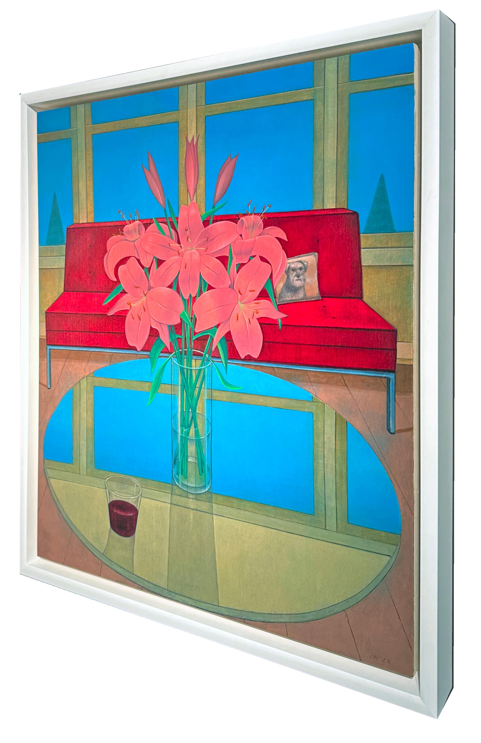 Tangent - Surreal Still Life - Coffee Table Setting, Oil on Panel - Painting by John Hrehov